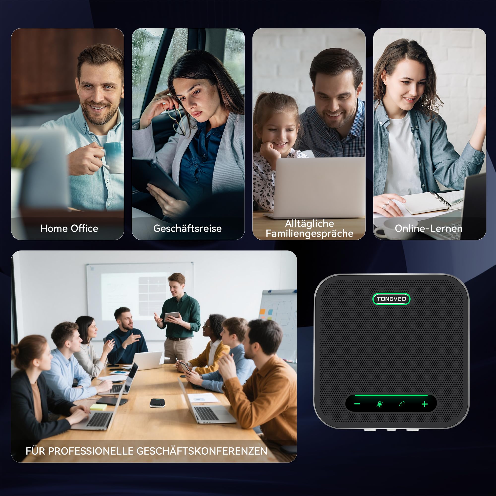 TONGVEO Altavoz de conferencia Bluetooth con micrófono, cancelación de ruido de IA, USB/Wireless Speakerphone para PC, 4 micrófonos, grabación de voz de 360°, 24H para zoom, equipos y oficina en casa