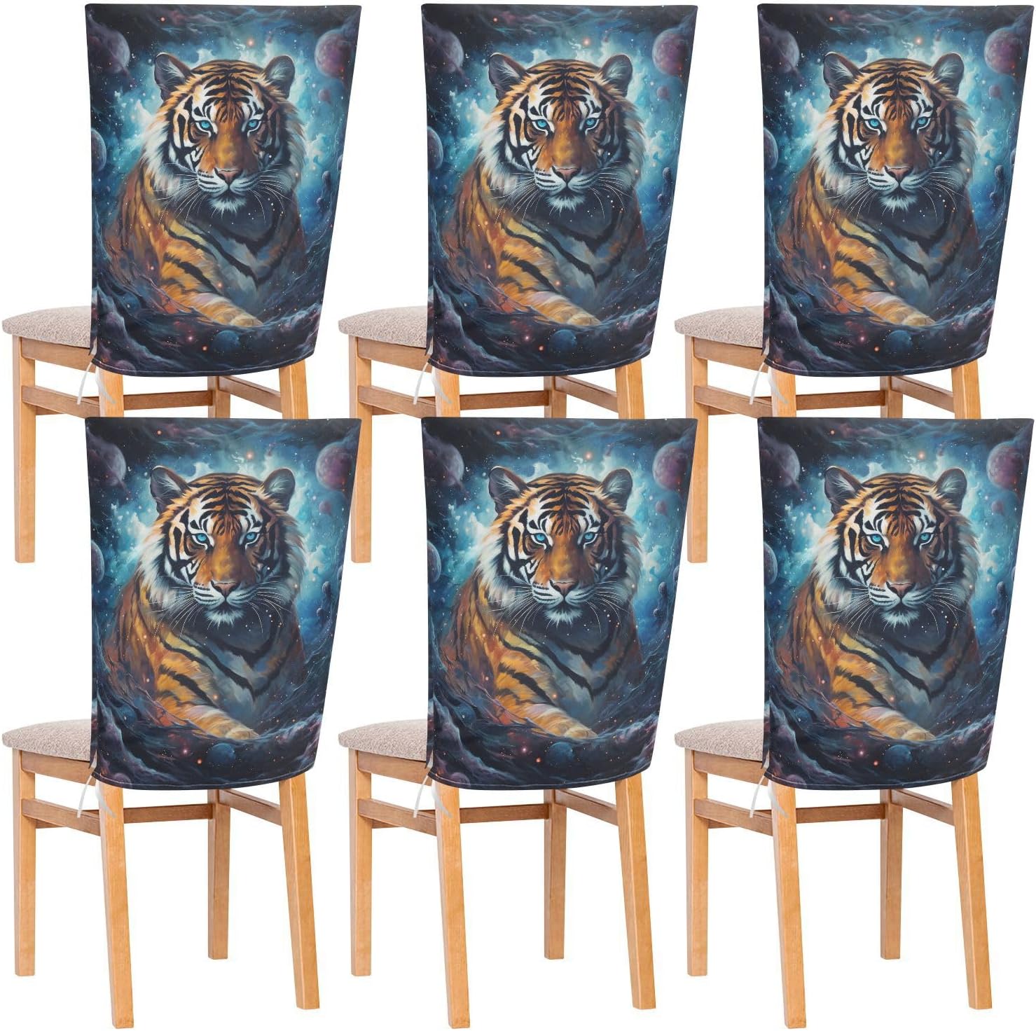 ALAZA Tiger in The Galaxy Chair Back Cover Set of 6, Washable Reusable Removable Chair Slipcovers Decorative Chair Cover for Home Kitchen Wedding Party