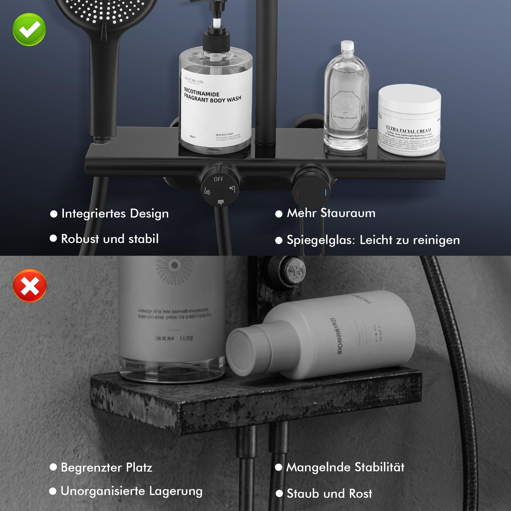 HOMELODY Duschsystem mit Armatur und Glasablage - Duscharmatur Komplettset Schwarz, 5 Strahlarten Handbrause und Wasserfallauslauf, Ø25cm Regendusche Set, Höhenverstellbar, ohne zusätzliches Bohren
