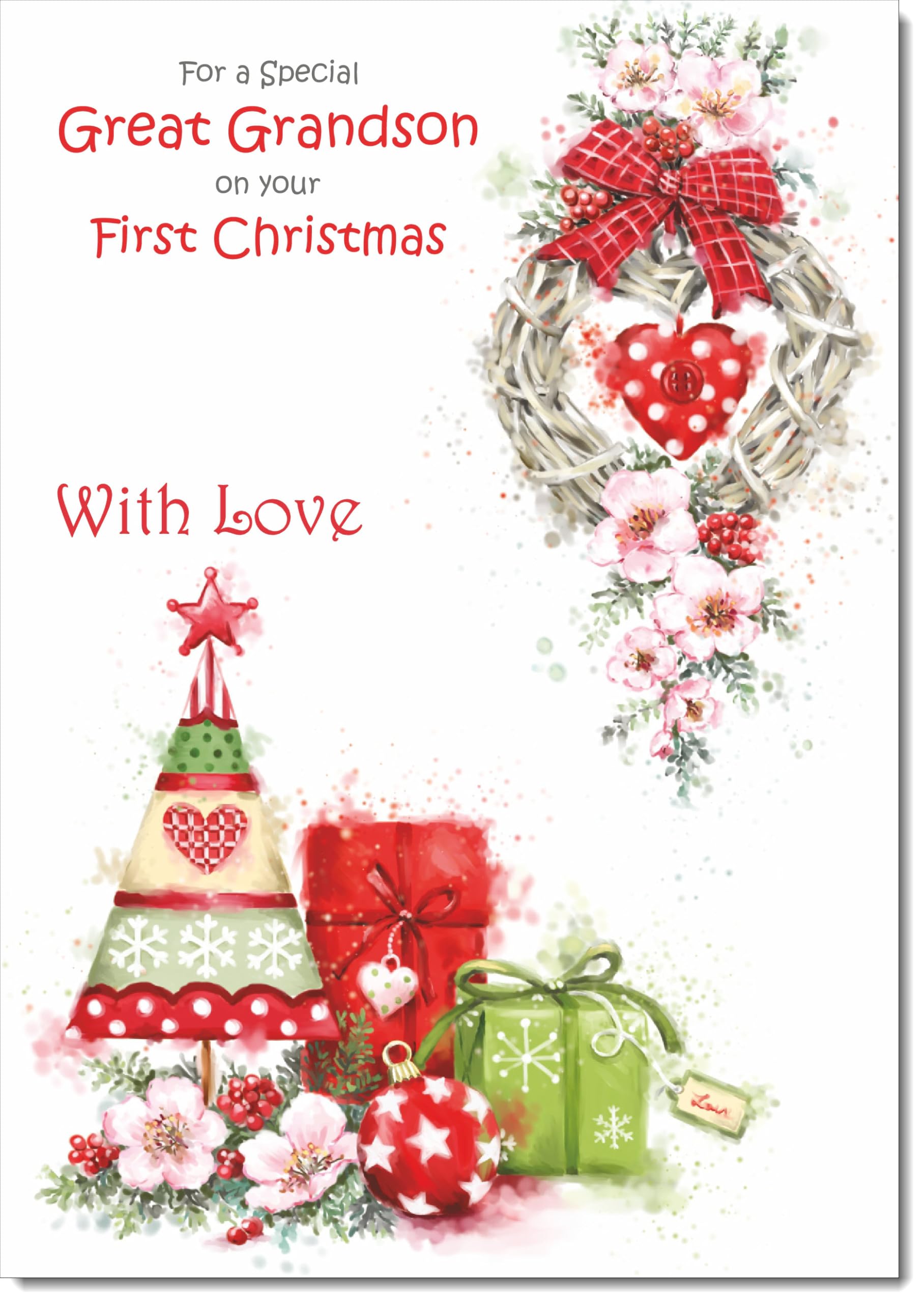 doodlecards Great Grandsons 1st First Christmas Card Heart Decorations Large A4 Size Christmas Card for Great Grandsons 1st with Plain Envelope
