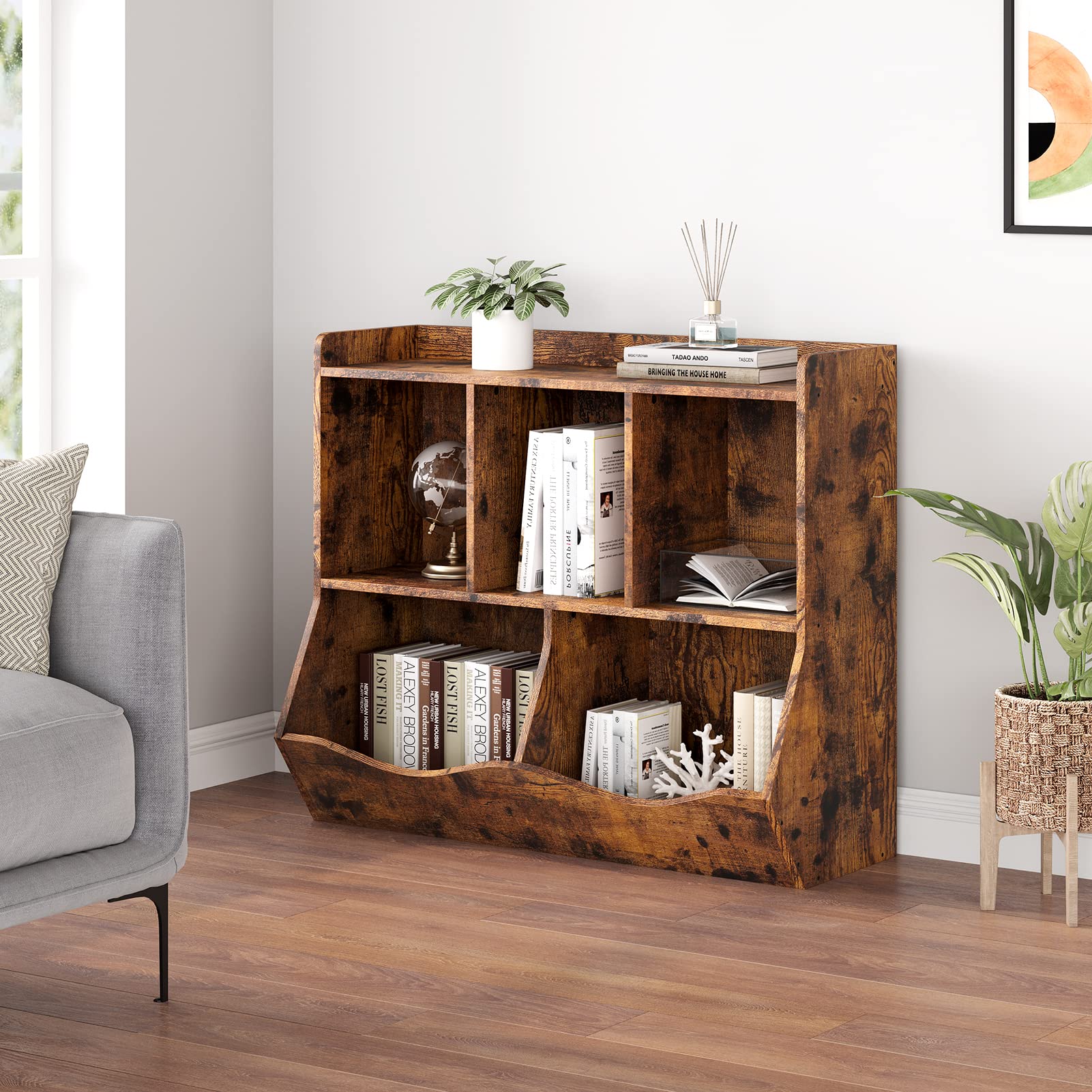 Meuble de rangement multifonction pour enfants – Bibliothèque et étagère à jouets en bois – 5 compartiments spacieux – Idéal chambre, salle de jeux, crèche, maternelle, couloir – Couleur rétro