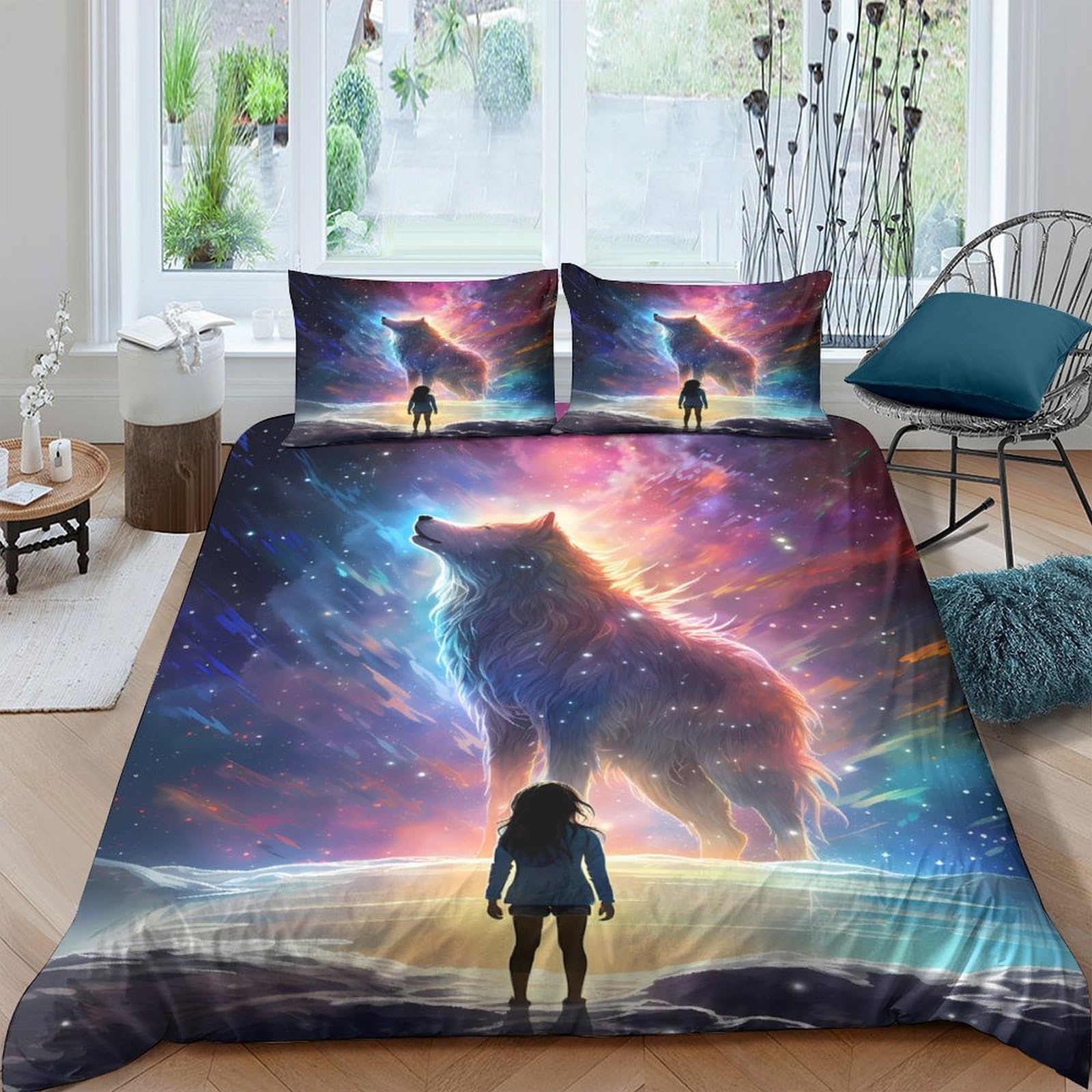 Ctjqhvkz Style-6 3D Printed Wolf Aurora Fitted Sheet Microfiber Soft Artistic Galaxy Bed Cover For Bedroom Guest Room Decor Single（135X200cm）