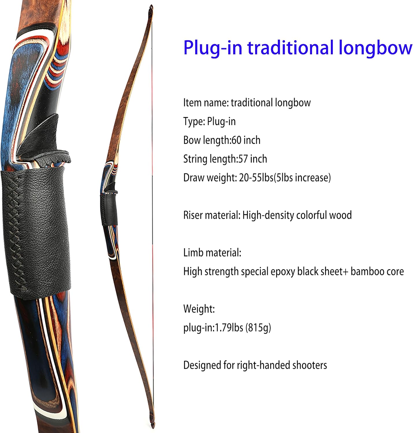 60 Inch Takedown Longbow 20-55Lbs Traditional Longbow Wood Triangle Hunting Bow Right Hand for Archery Hunting Target Shooting Training