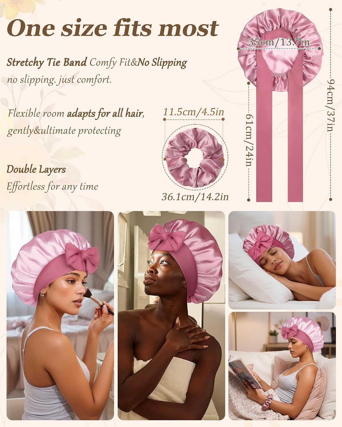 Reversible Satin Bonnet for Sleeping Women Double Layer Hair Bonnet with 2PCS Hair Scrunchies Elastic Tie Band Night Cap