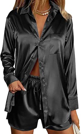 Ekouaer Womens Two Piece Satin Pajama Set Long Sleeve Lounge Sets Button Down Shirts and Shorts PJs Soft Sleepwear Set