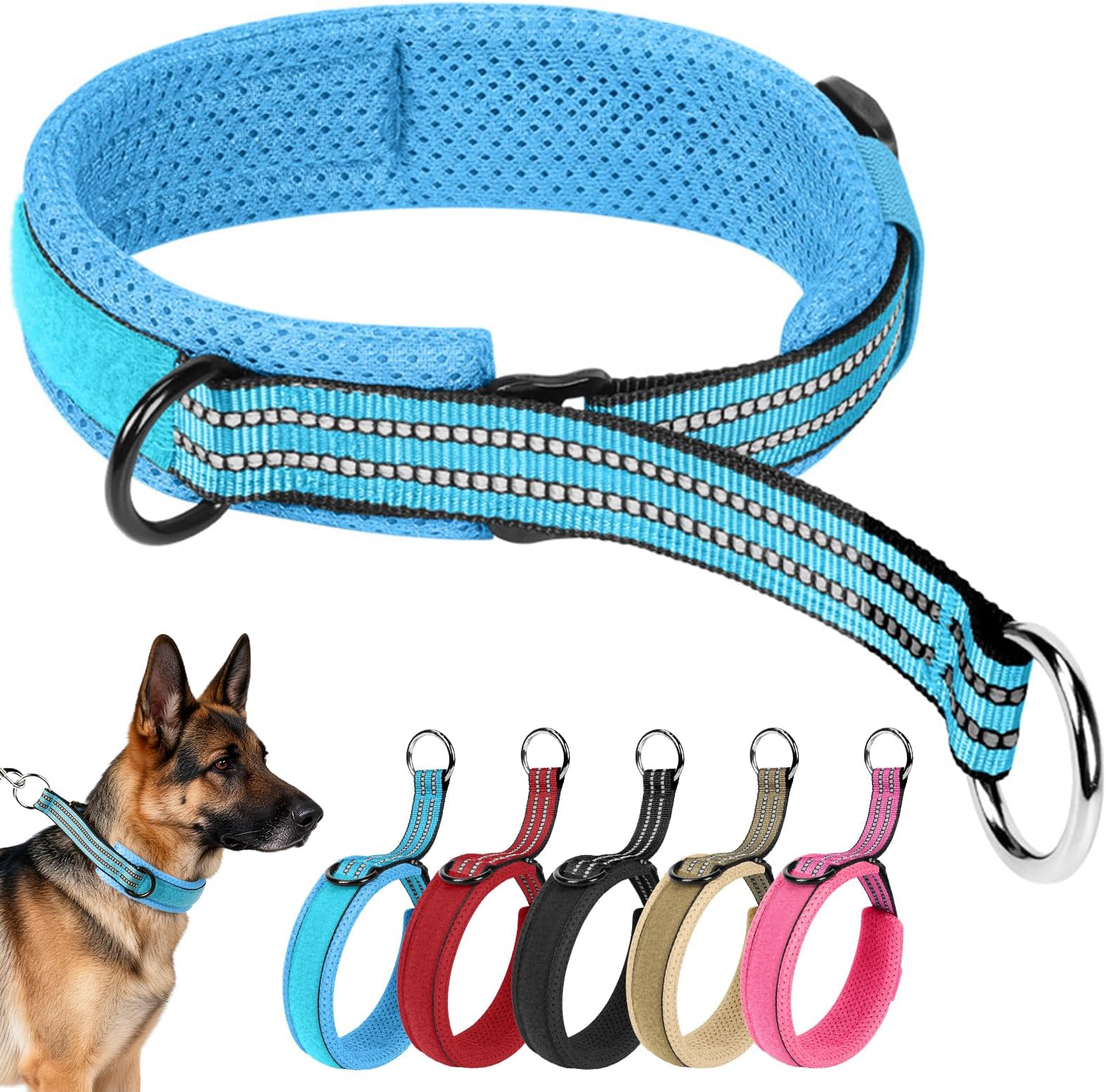 Escape proof No Pull Dog Slip Collar, Reflective Martingale Dog Collar, Adjustable Nylon Anti Pull Pet Collars, Soft Padded for Walking Training, Wide P-Collar for Medium Large Dogs (Blue, L)
