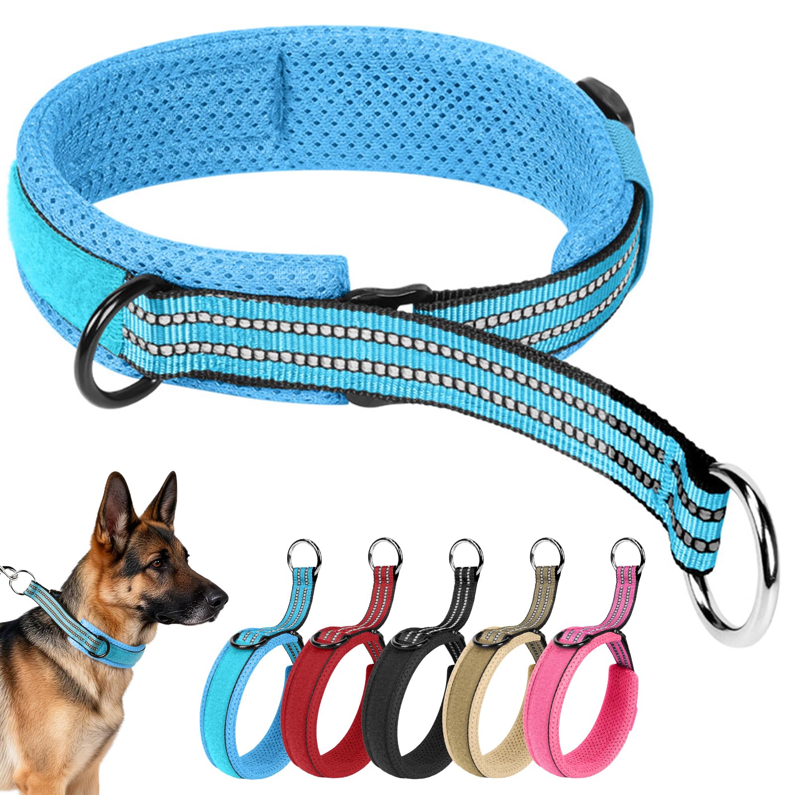 Ledeak Escape proof No Pull Dog Slip Collar, Reflective Martingale Dog Collar, Adjustable Nylon Anti Pull Pet Collars, Soft Padded for Walking Training, Wide P-Collar for Medium Large Dogs (Blue, M)