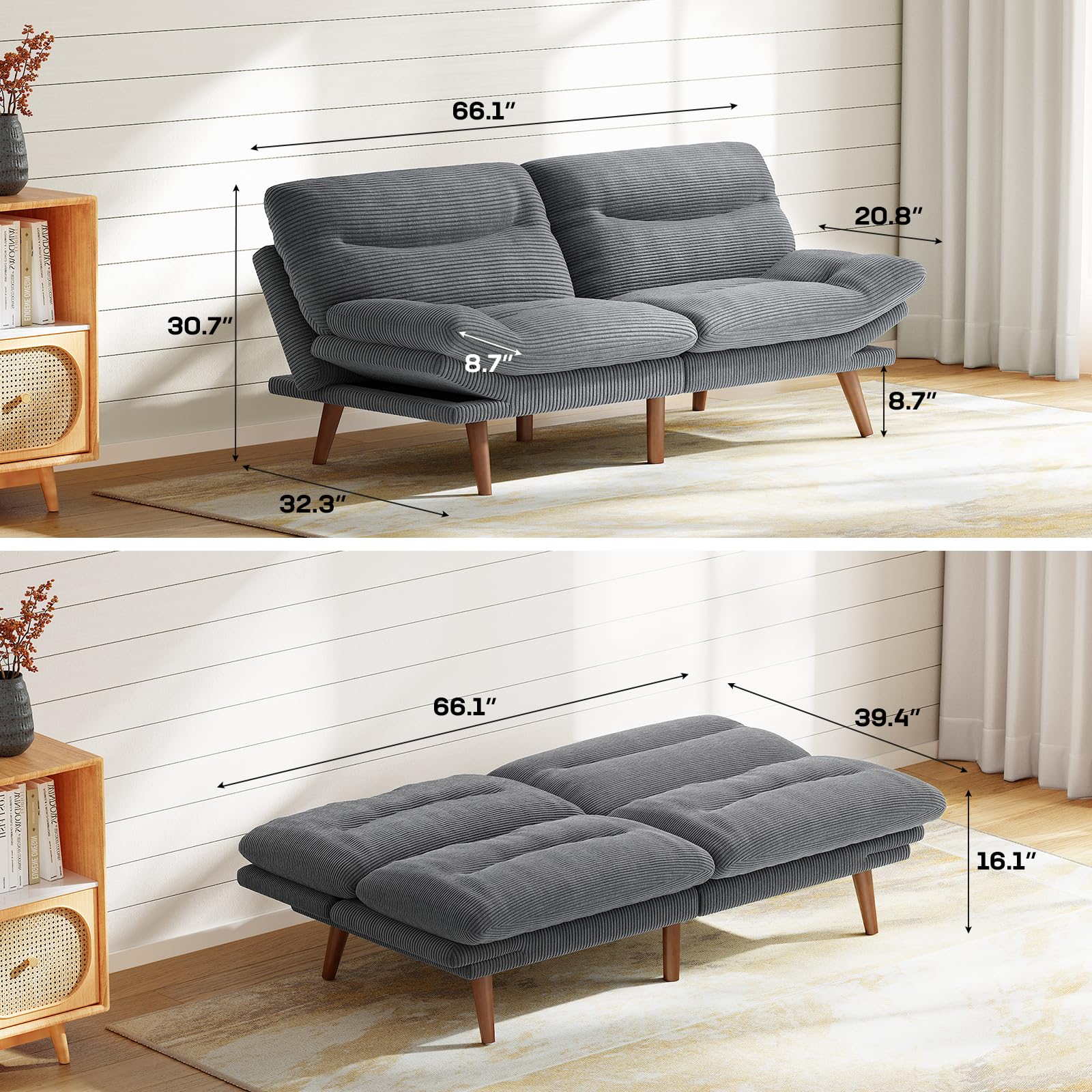Marsail 66" Convertible Futon Sofa Bed, Adjustable Backrest & Armrests, Corduroy Couch, Sleeper Sofa for Living Room, Apartment, Office, Charcoal Gray
