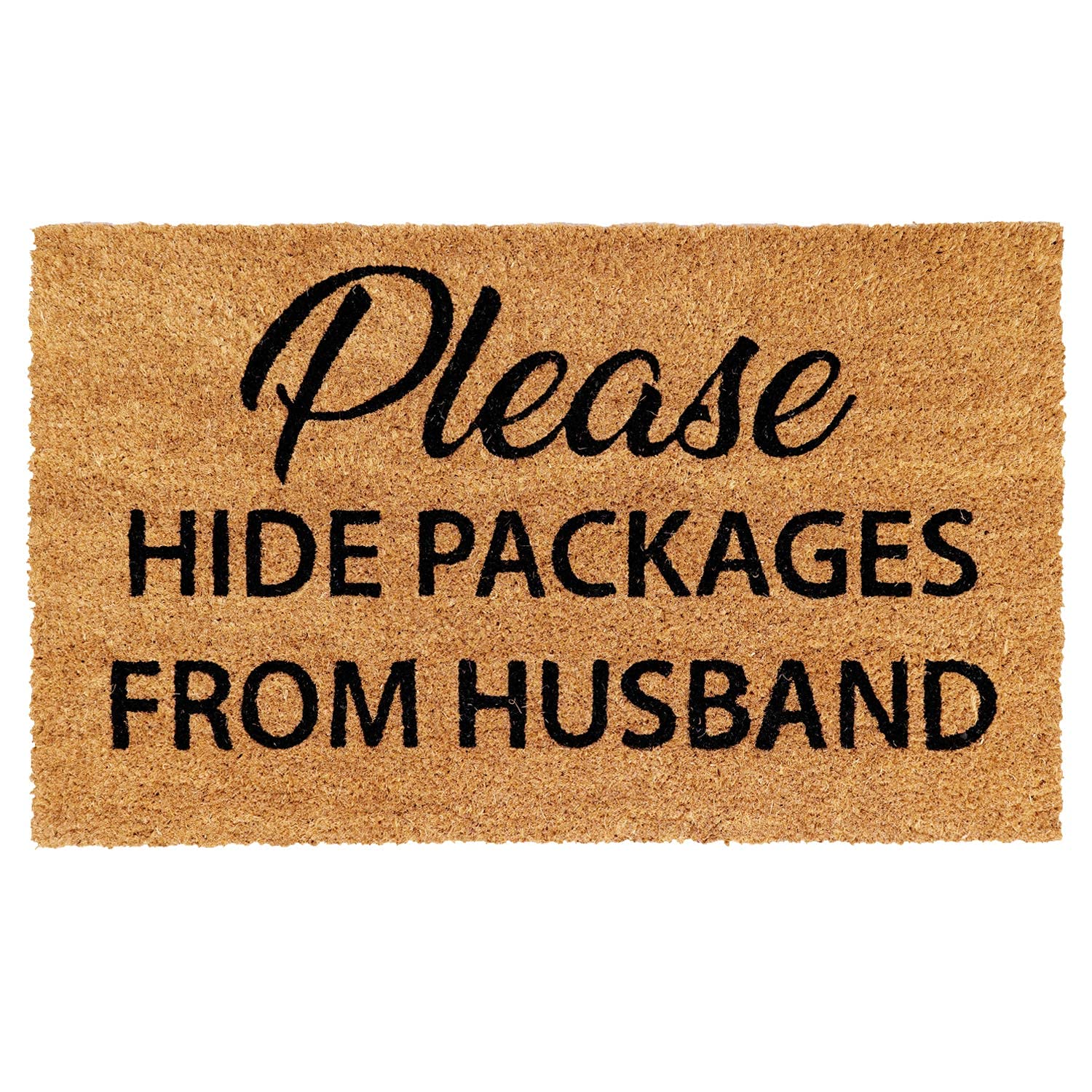 Onlymat "Please Hide Packages Funny Doormat, Anti-Slip Coir with PVC Backing, Rectangular (75x45cm), Black/Brown – for Entryway, Outdoor, Home, Floor, Door, Hall & Living Room Use
