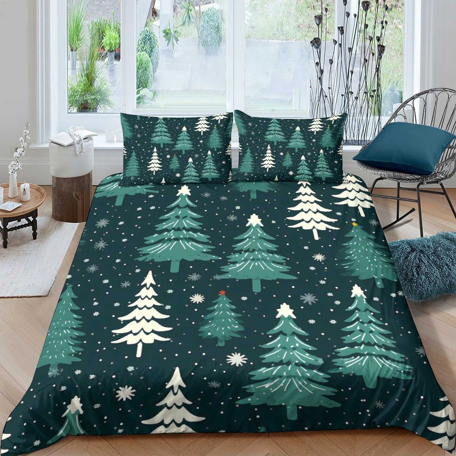 GPLZQXKJNH 3D Printed Christmas Tree Duvet Cover Microfiber Forest Snow Bedding Set with 2 Pillowcases for Bedroom Decor Single（135x200cm）