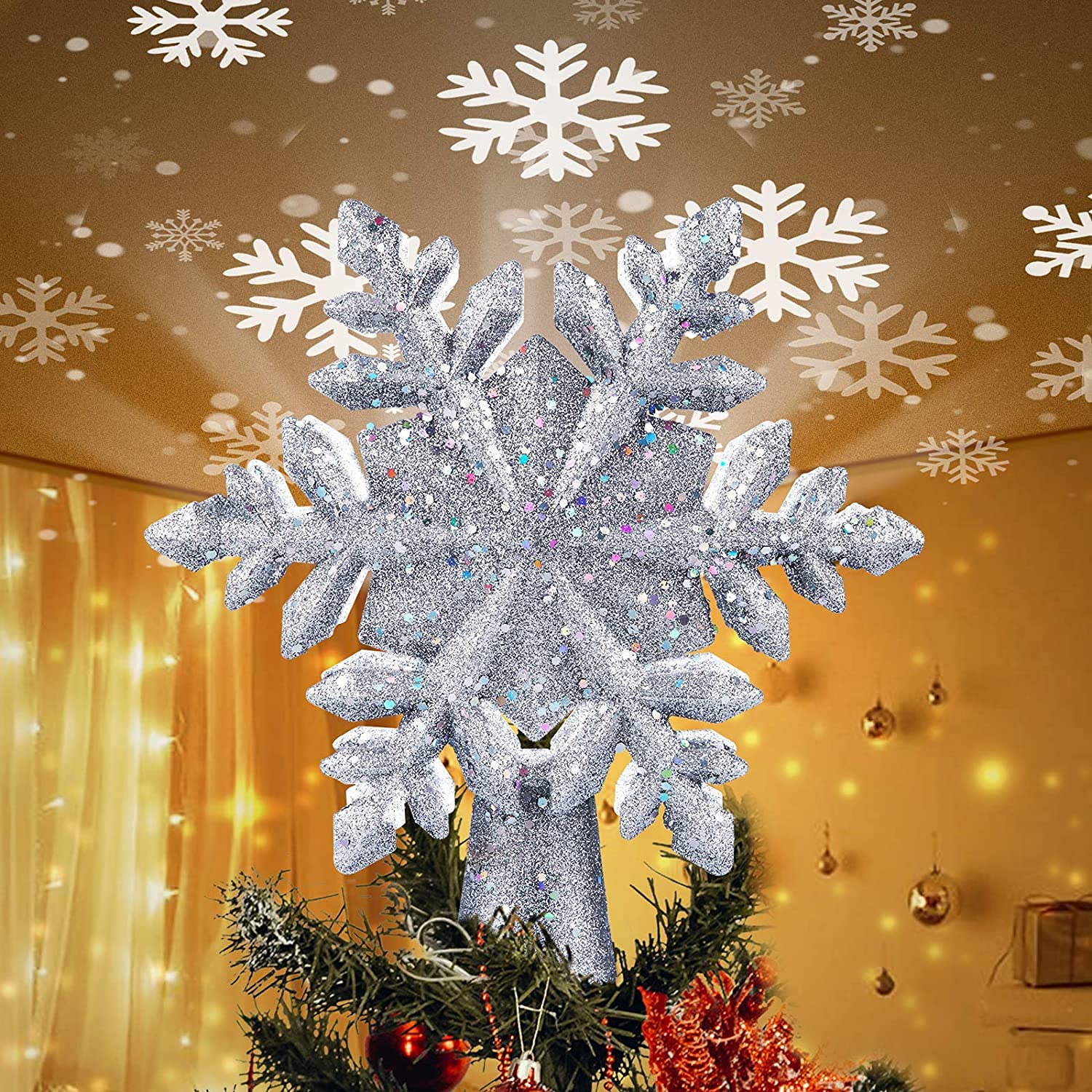 I0i&I0i Sliver Snowflake Christmas Tree Topper Lighted With Built-In Led Rotating Snowflake Projector Lights, 9.6” Hollowed Tree Topper With Silver Spangles Plug In For Indoor Home Xmas New Year Party Holiday Night Tree Decor