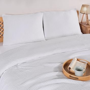 Müslin Yatak Örtüsü Seti Çift Kişilik, Şık Düz Renk 100% Pamuk 4 Kat Muslin Yastık Kılıflı Pike Takımı, Denizli Üretimi (Beyaz, Çift Kişilik Set (230x250 cm))