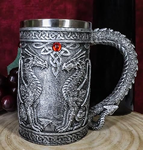 Miniatura 2 de Ebros Gift Taza de café grande de plata celta doble dragón fuego drakes cerveza Stein Tankard bebida taza 14oz