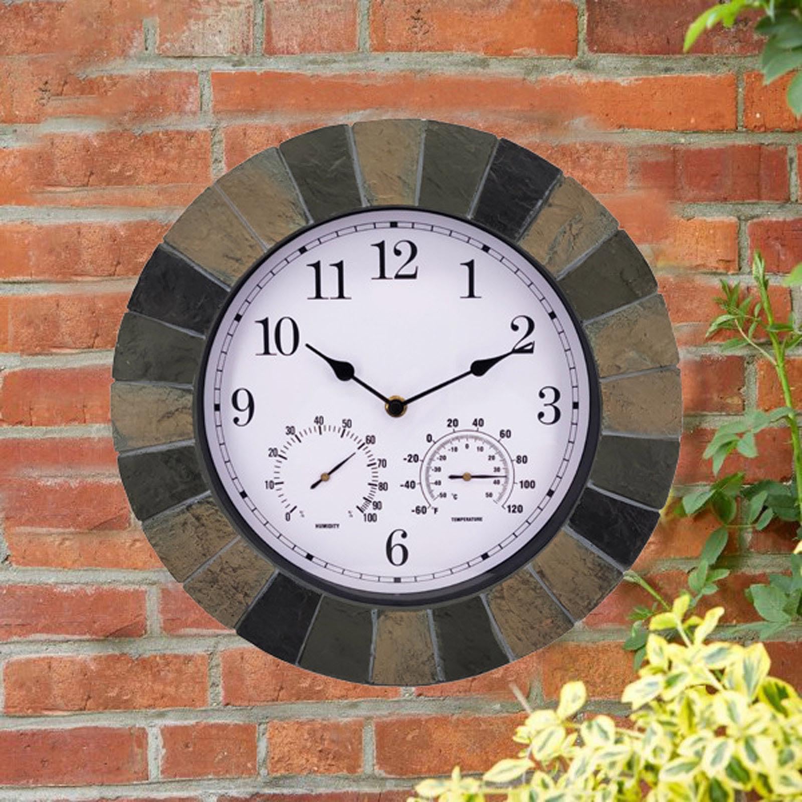 Reloj de pared para interiores y exteriores de 13 pulgadas con temperatura y humedad, funciona con pilas, reloj silencioso para temperatura y humedad del hogar