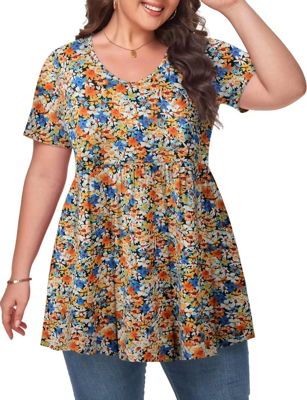 MONNURO Womens Plus Size Tops Cute Babydoll T Shirts Peplum Tunic Tops Loose Fit V-Neck Short Sleeve Blouse