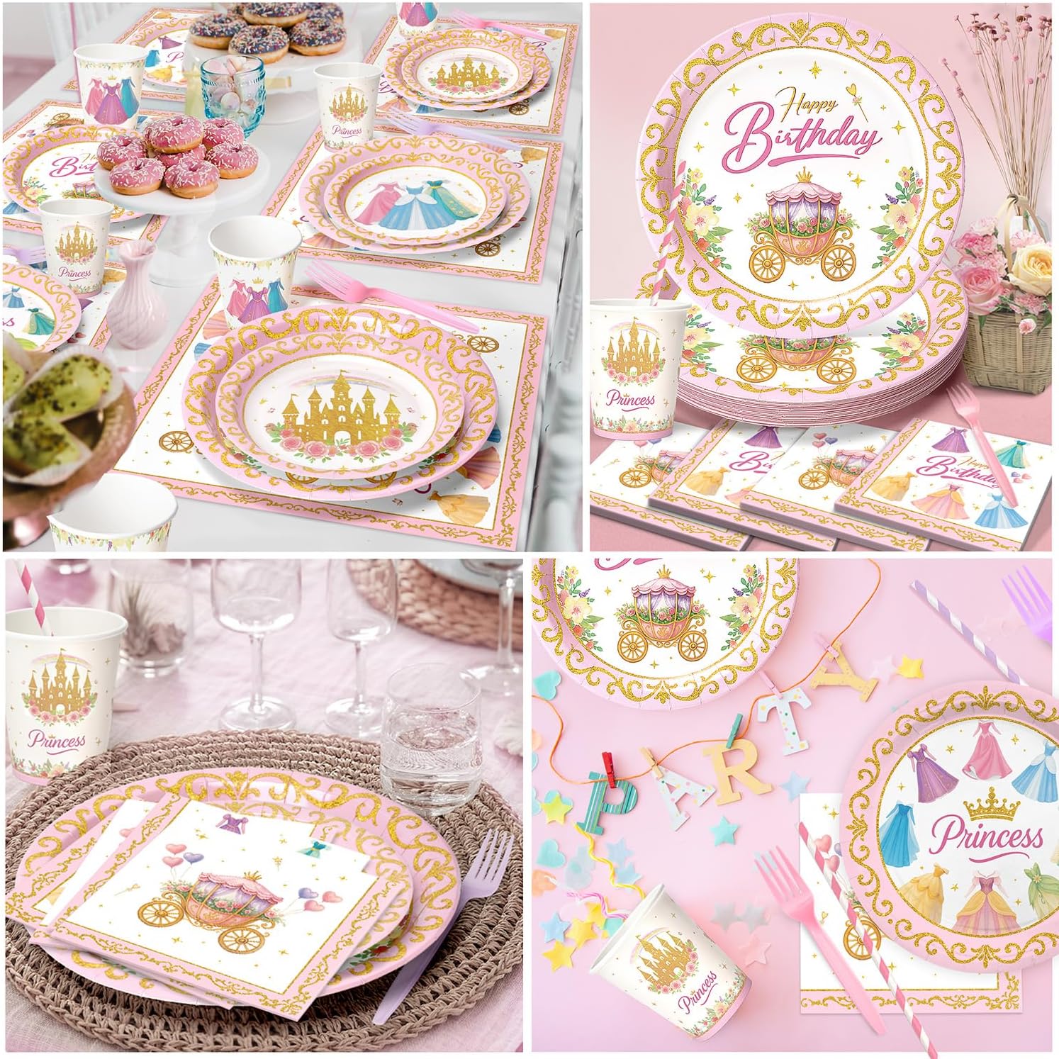 300 Pcs Princess Paper Plates Napkins, Birthday Party Supplies Include Forks Cups Straws, Summer Party Tableware Set for Kids, Serves 50 Guests