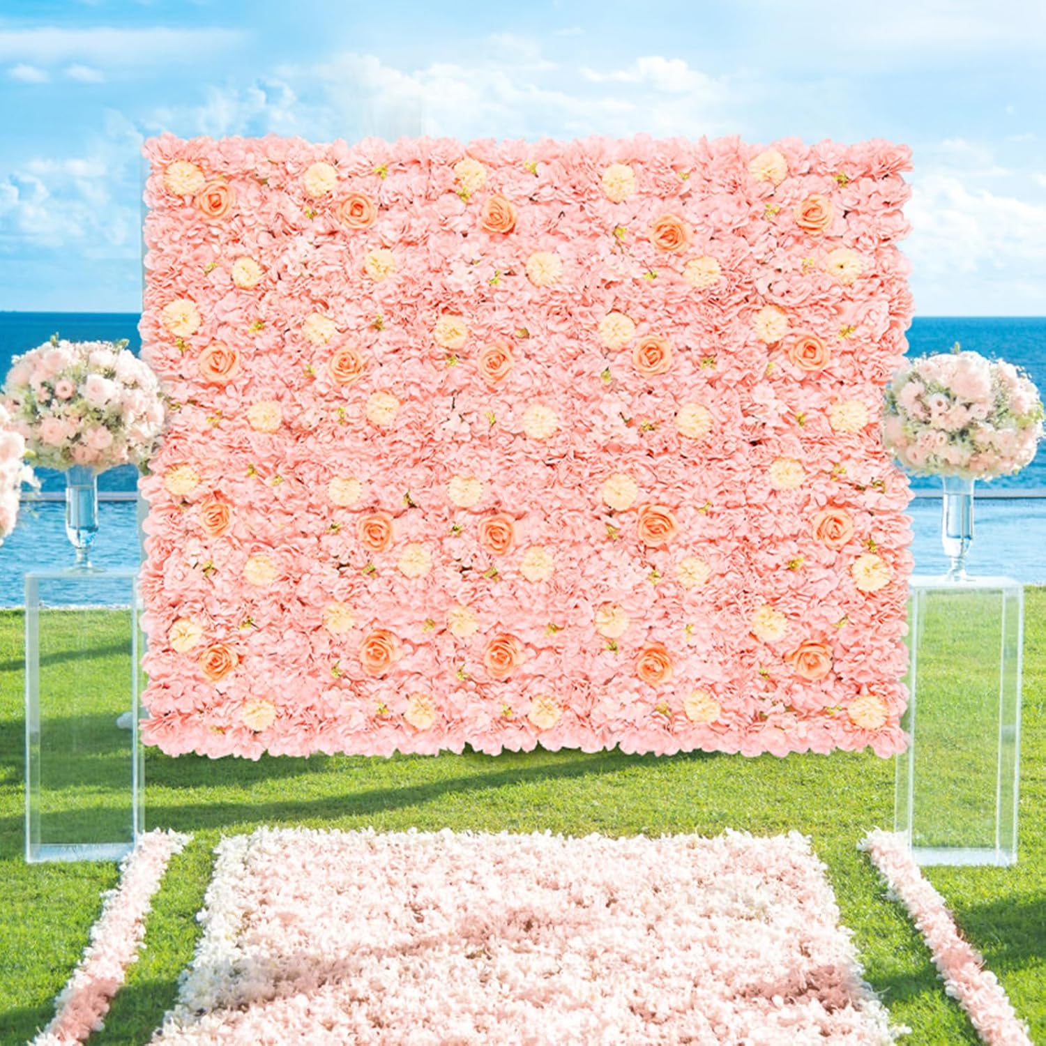 ( 2 pcs) Flower Wall Panel Wedding Backdrop, Peach Artificial Floral Backdrop Wall Panels Rose Background for Party Baby Bridal Shower Decoration
