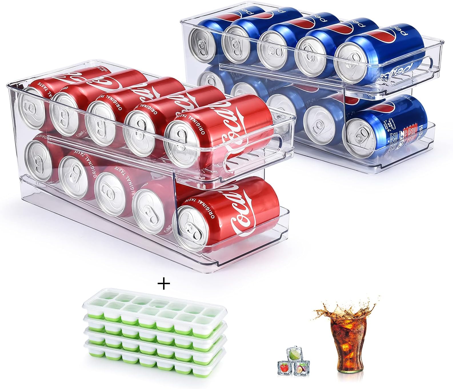 2-Tier Can Organizer(2 Pack), come with 4 Pcs Ice Cube Trays, GGIANTGO Soda Can Organizer for Refrigerator/Freezer/Kitchen/Countertops/Cabinets