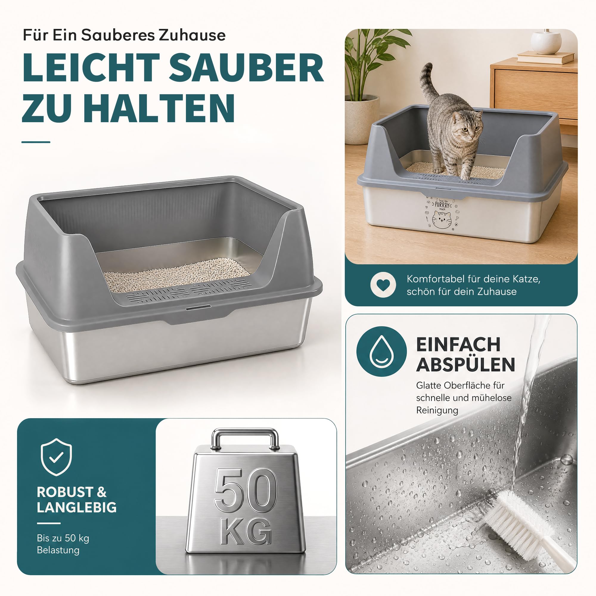 Katzenklo Edelstahl XXL mit Sieb, 60x40x30cm, mit DIY Aufklebern | 2 Pack Edelstahlwannen, Katzentoilette mit Deckel, 15cm hoher Rand, 30L Großkapazität, für Große Katzen & Mehrkatzenhaushalte