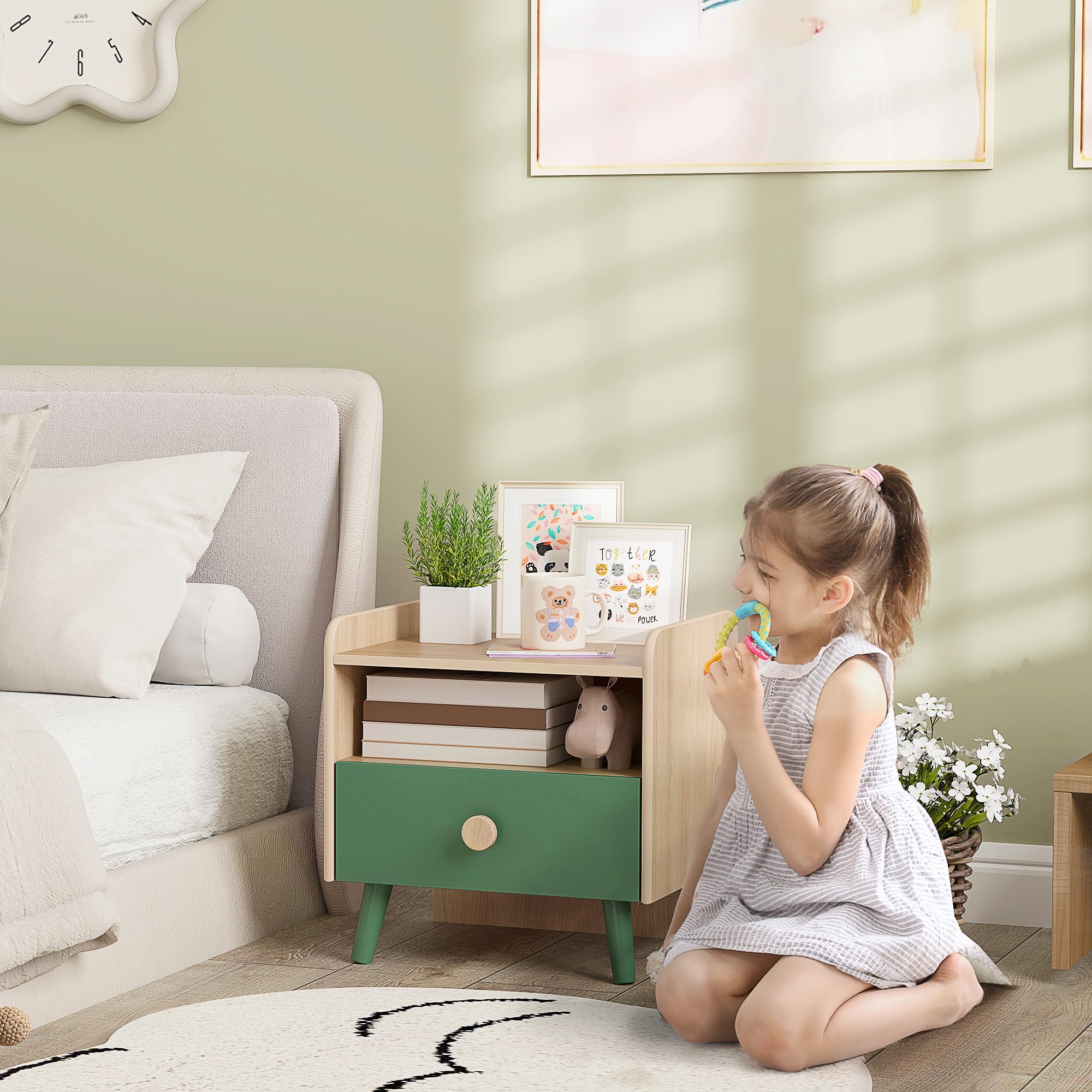 AIYAPLAY Mesilla de Noche Infantil mesilla de Noche Infantil con cajón y nicho, mesita Auxiliar de Madera para Dormitorio Infantil, 40L x 32,5A x 40H cm, Verde