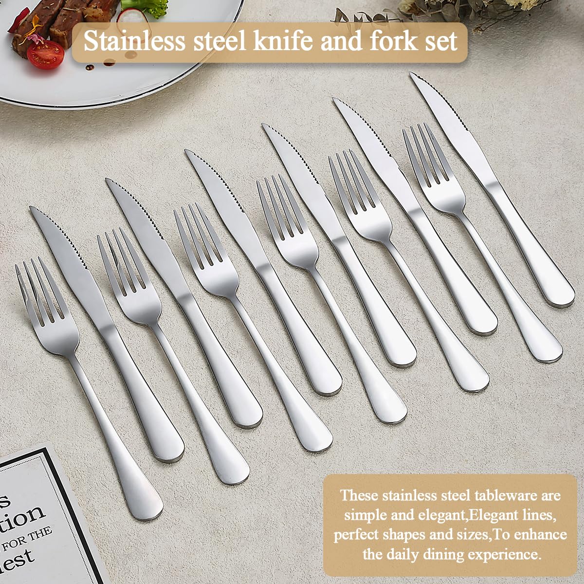Evanda Set di coltelli da bistecca 24 pezzi, set 12 forchette in acciaio inox e 12 set coltelli da cena, coltelli da bistecca Forchette da bistecca, lavabile in lavastoviglie