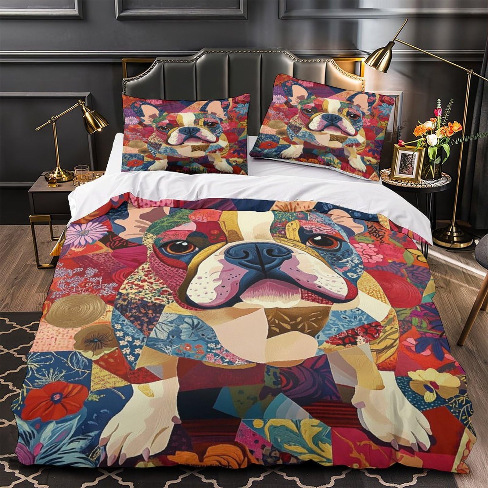 Bouledogue français drap de couette coloré pour une chambre de couple moderne et chaleureuse