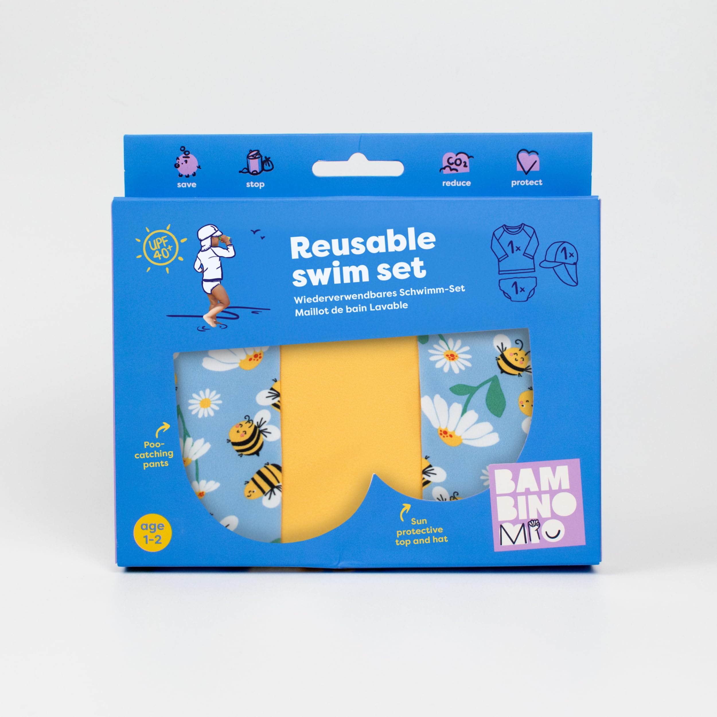 Bambino Mio Conjunto de pañales de natación reutilizables para bebé y niño pequeño unisex (1-2 años) ABEJAS ATAREADAS, protección UPF 40+ | pañales de baño, camiseta y gorro de baño — view 8