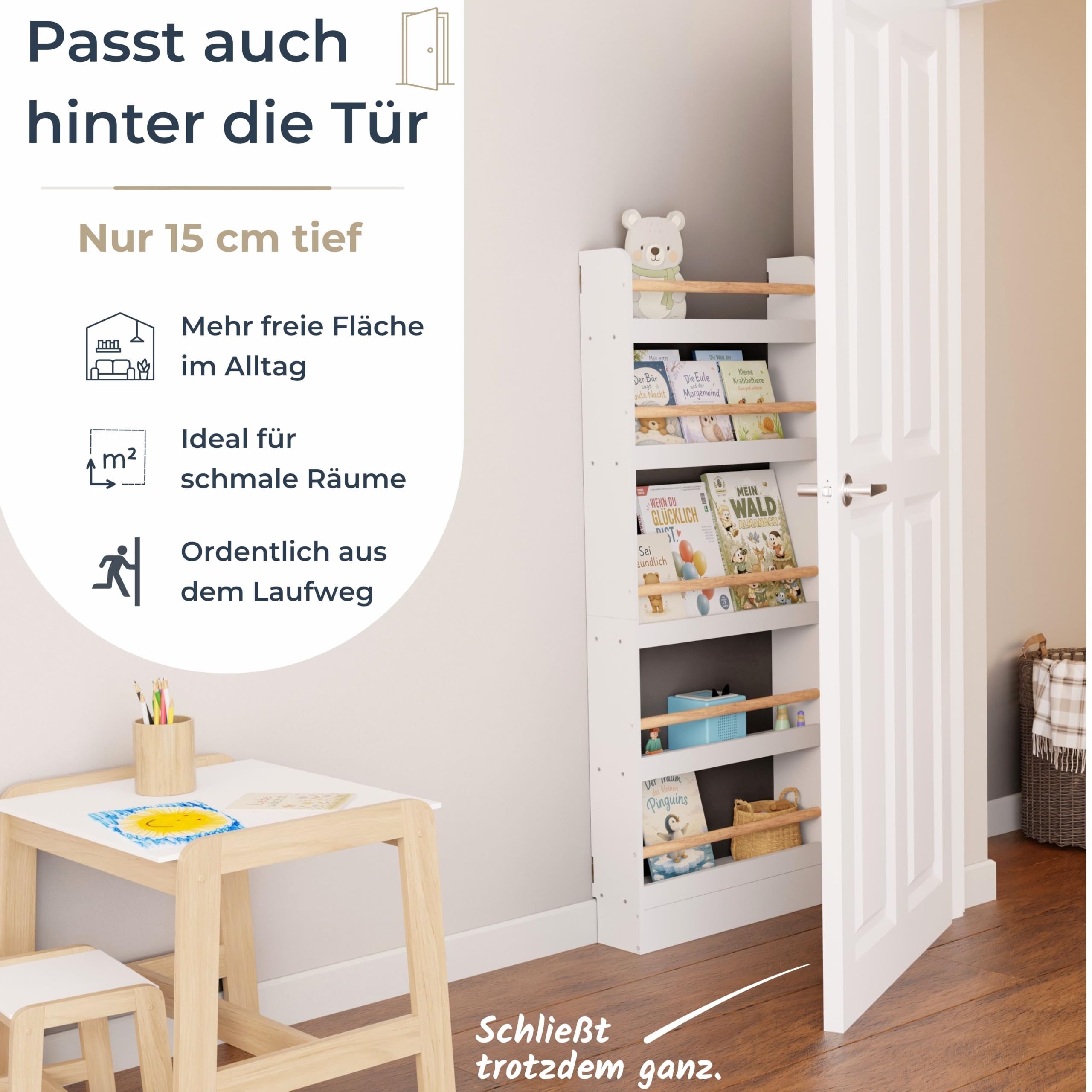 Bücherregal Kinder mit 5 Ablagen, Montessori Kinderbücherregal zur Wandmontage, Wandregal für Bücher, Toniebox & Spielzeug, Weiß/Natur, 60×15×150 cm