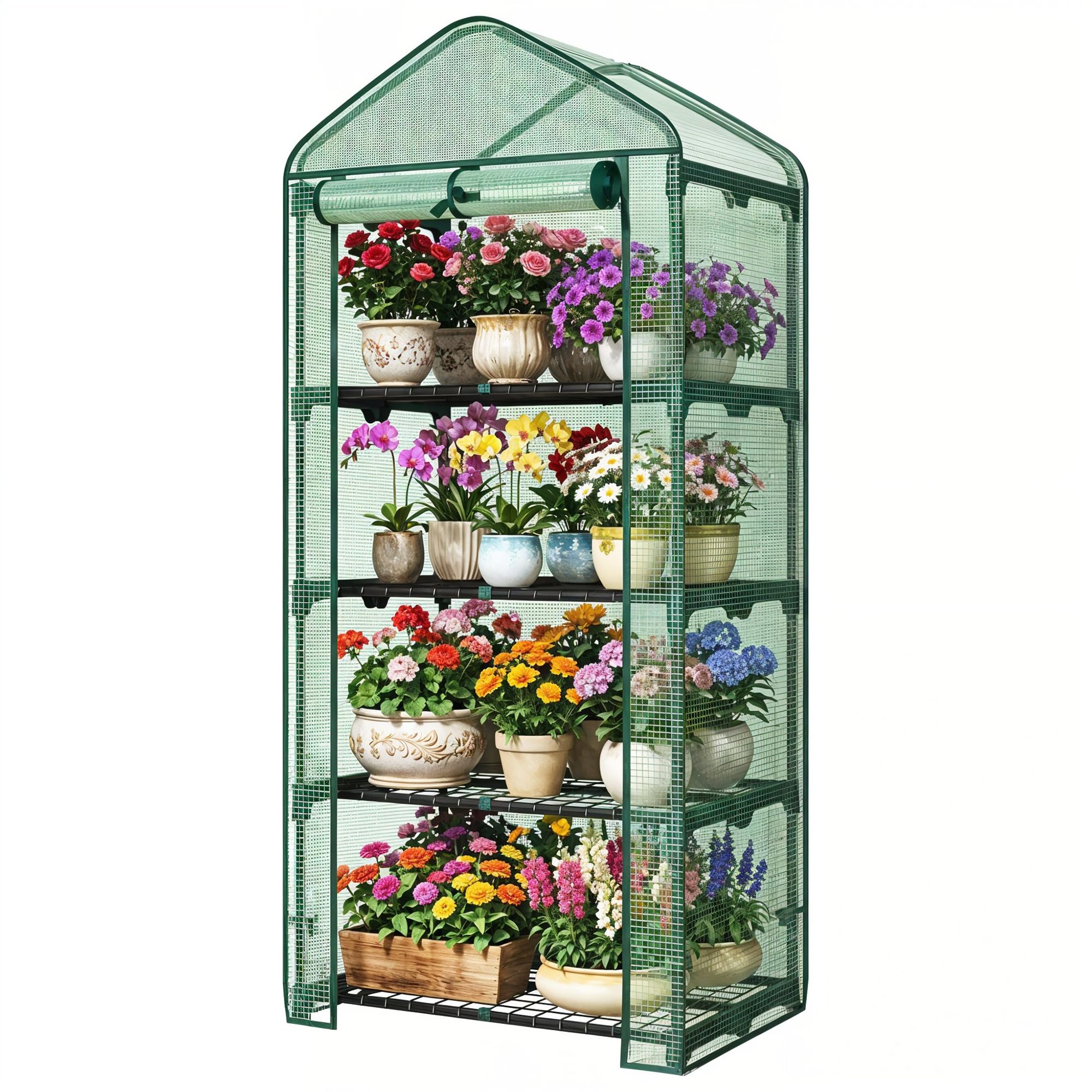 SG Traders 4 Tier Compact Greenhouse with Weatherproof PE Cover - Portable Heavy Duty Frame Outdoor Green House for Garden, Roll-Up Door Panel with Zipper, Easy to Assemble