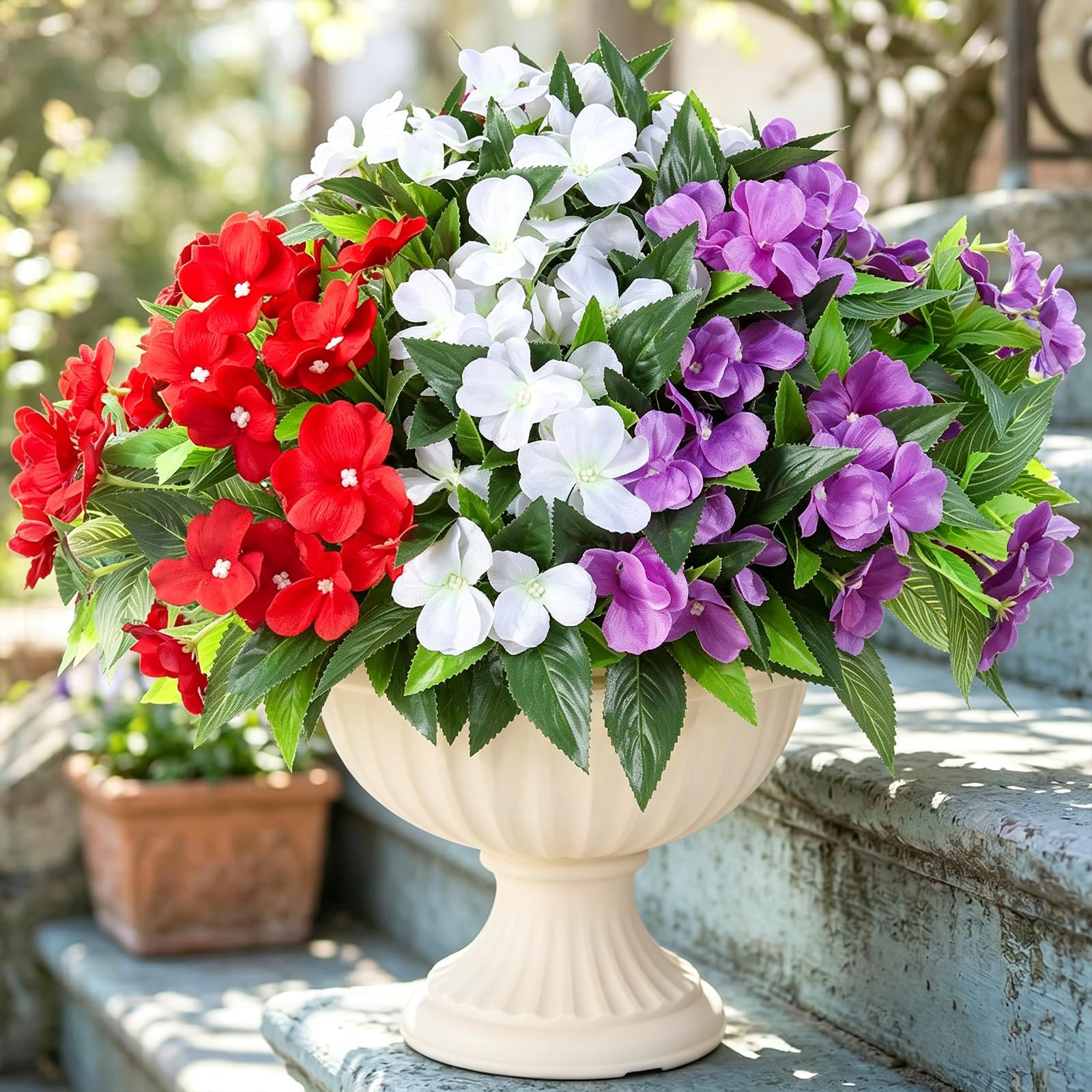 Hobyhoon 3 Mix-colors Artificial Flower Outdoor Flower Bouquet Silk Faux Impatiens Flowers for Garden Home Graves Room Decor (Red White and Purple) โ image 1