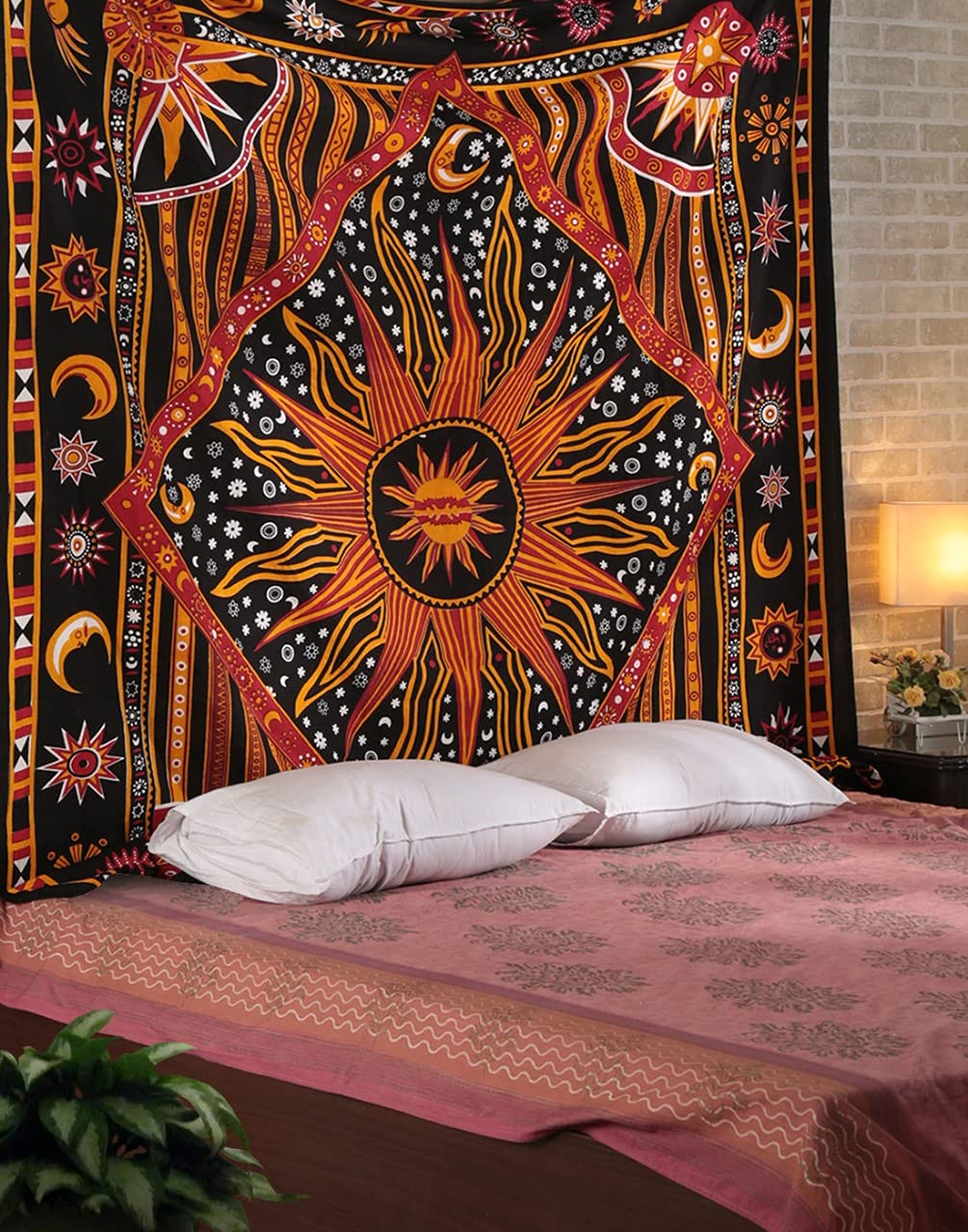 Kalap Indian hippie Bohemian Psychedelic Golden Mandala Wall hanging Bedding Tapestry Twin Queen (Burningsun, 80x90 inches)