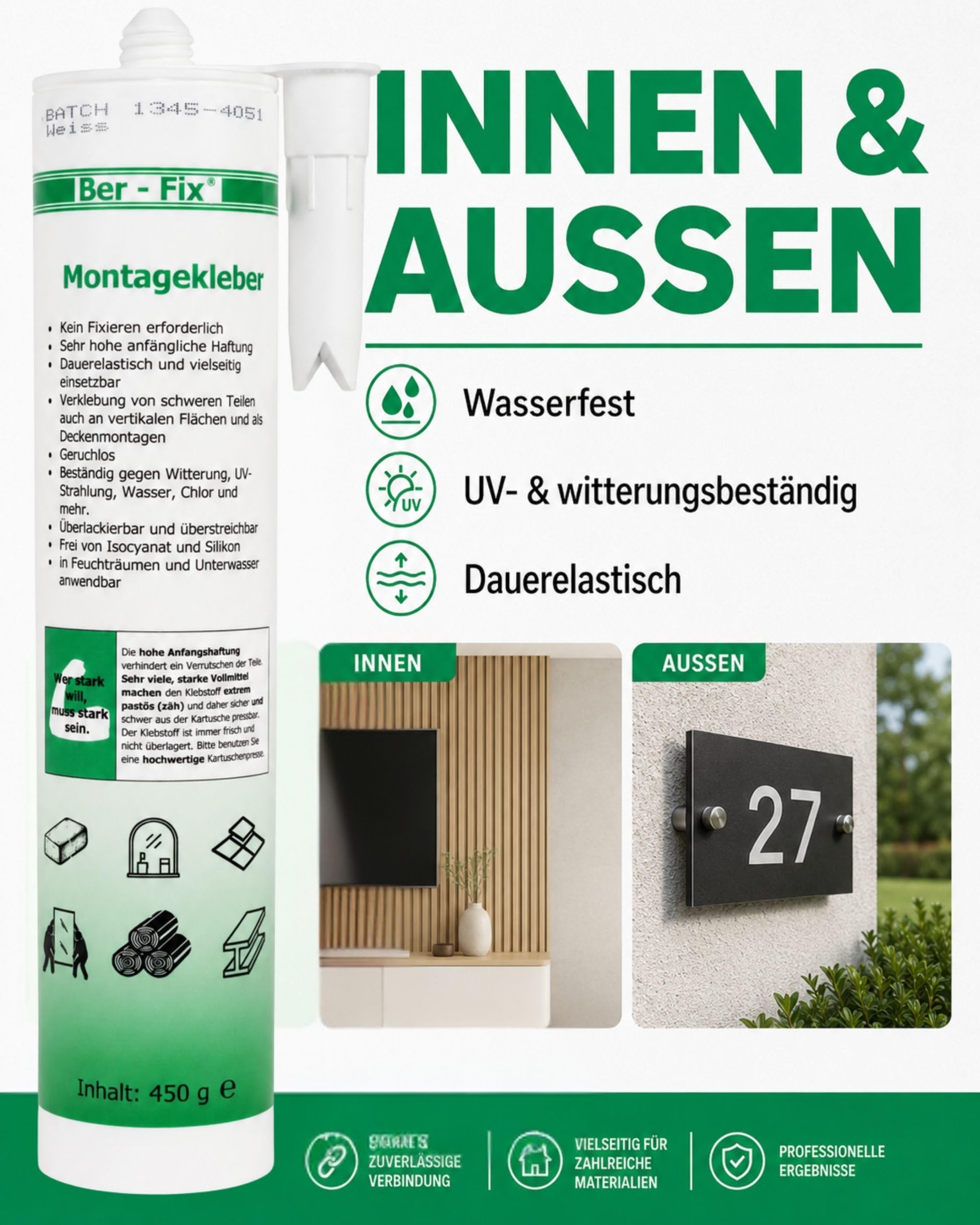 Ber-Fix Montagekleber nur Kleber extra stark weiß 3er Pack | Montagekleber nur Kleber weiß 3er Pack: Montagekleber für Kleben statt Bohren: geeignet für Leisten, Platten