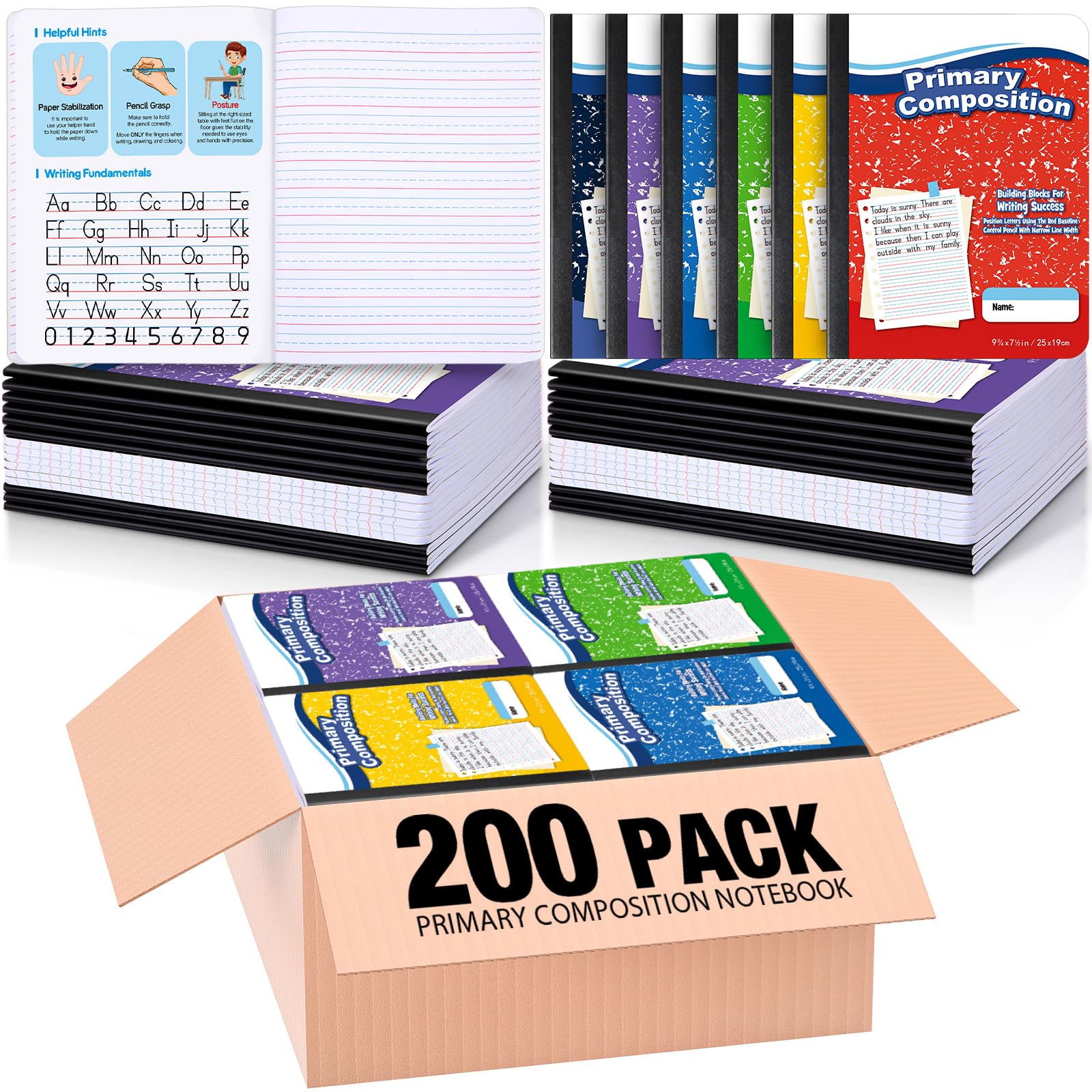Watersay Confezione da 200 quaderni per composizione primaria K-2, 50 fogli, 24,9 x 19,1 cm, a righe, per scuola materna, per bambini, scuola materna e 2a elementare (multicolore)