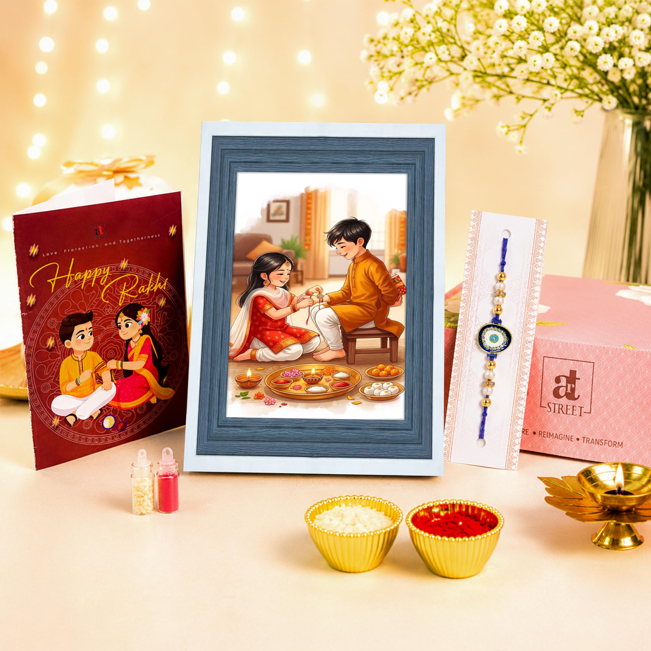 Art Street Table Rectangular Photo Frame with Evil Eye Rakhi, Plexi