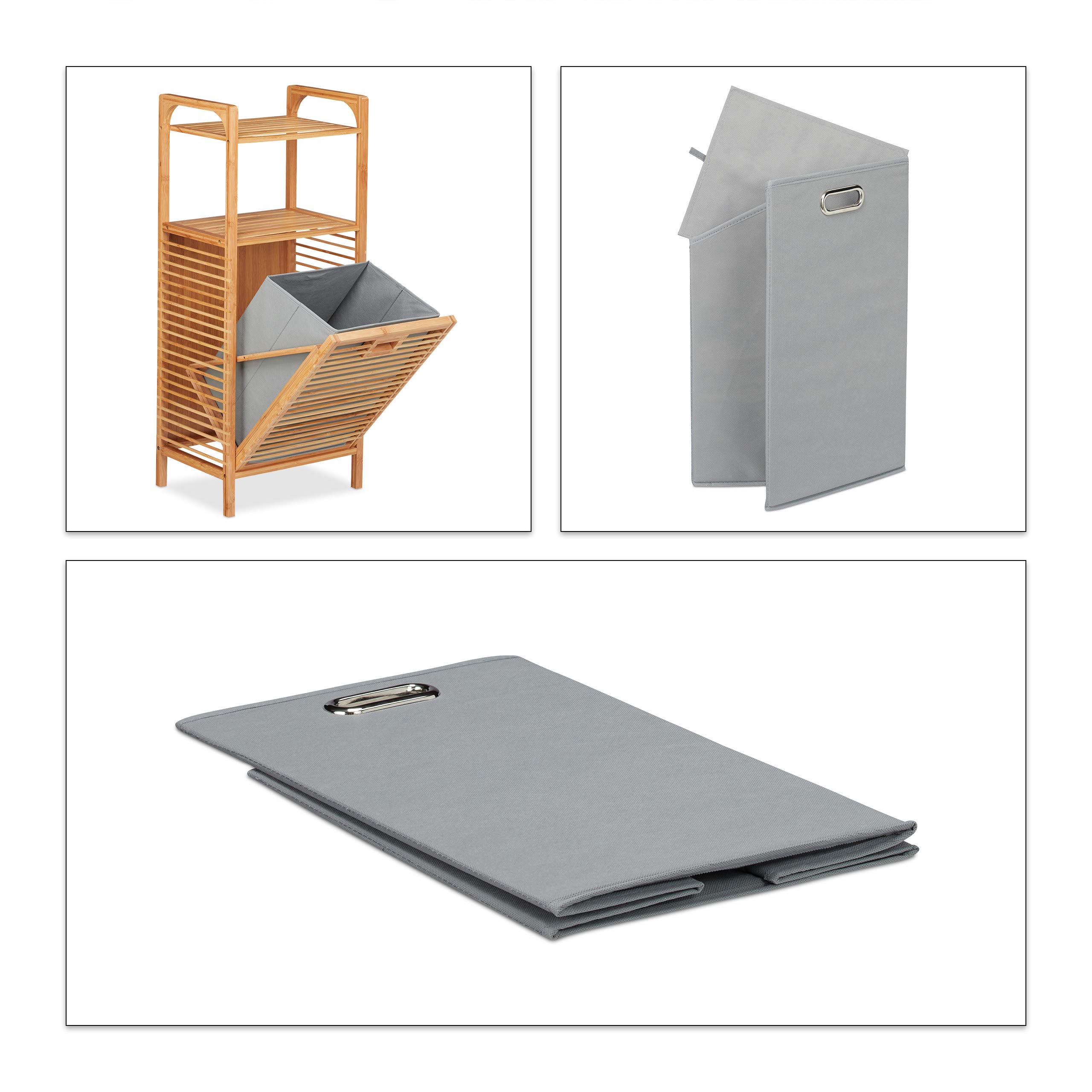 Relaxdays Cesto para la Ropa Sucia, Caja Plegable de Tela, Estantería de bambú, 95x40x30 cm, Marrón/Gris