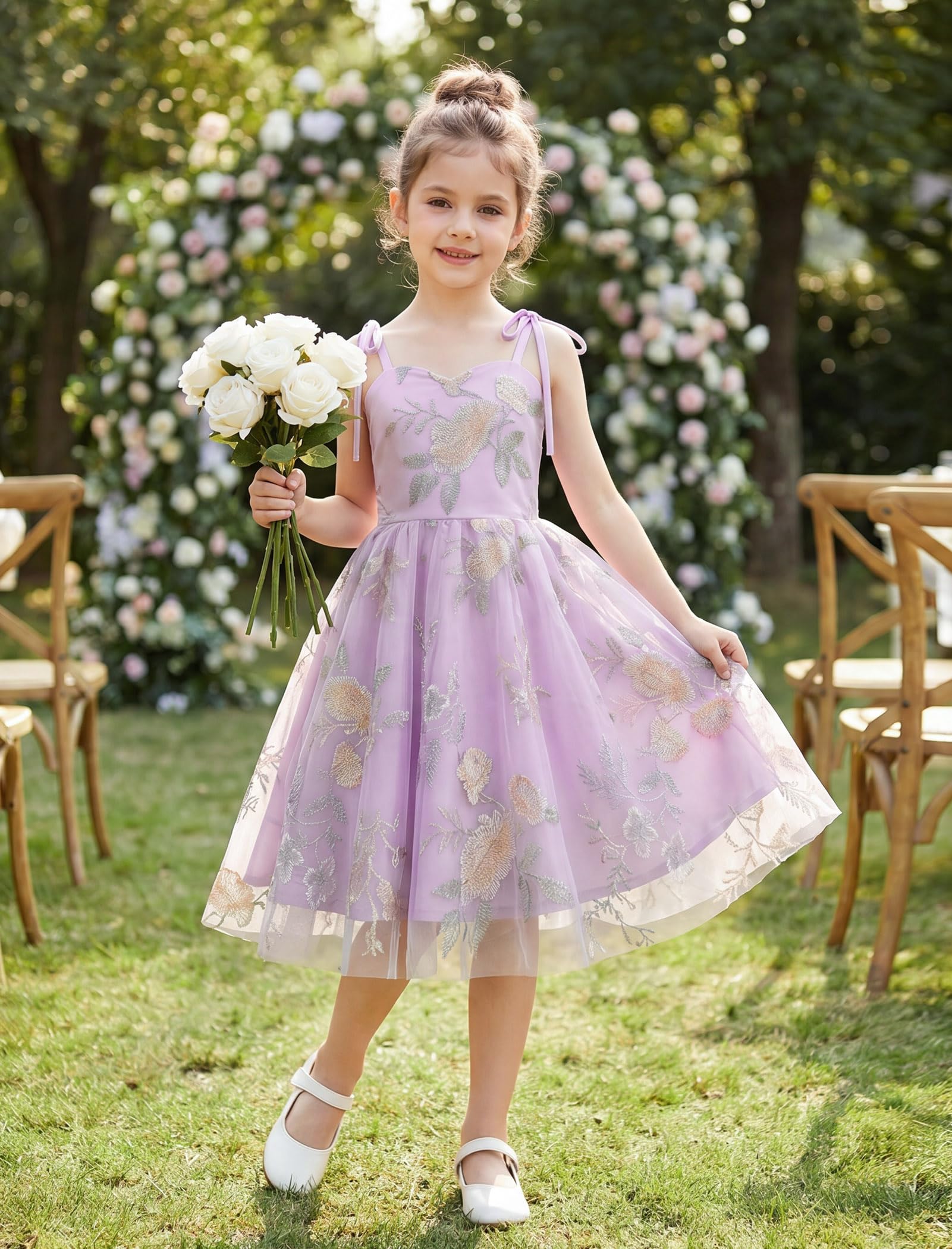 Abito da bambina in stile vintage con motivo floreale in tulle, spalline sottili, taglio svasato, elegante abito da festa