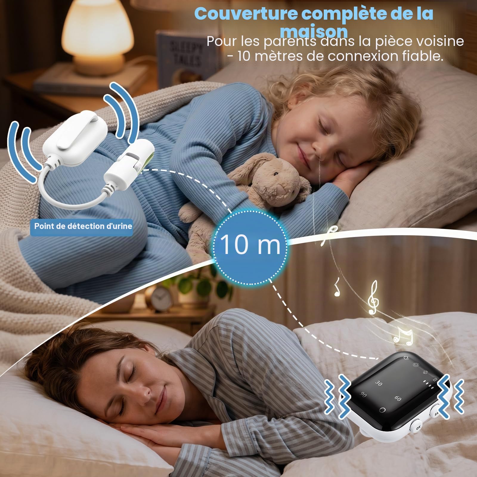 Alarme sans Fil pour Énurésie Nocturne Enfant, Alarme Pipi Rechargeable par USB-C avec 3 Modes Sons & Vibrations, Apprentissage de la Propreté, Capteur Stop Pipi au Lit pour Enfants et Adultes