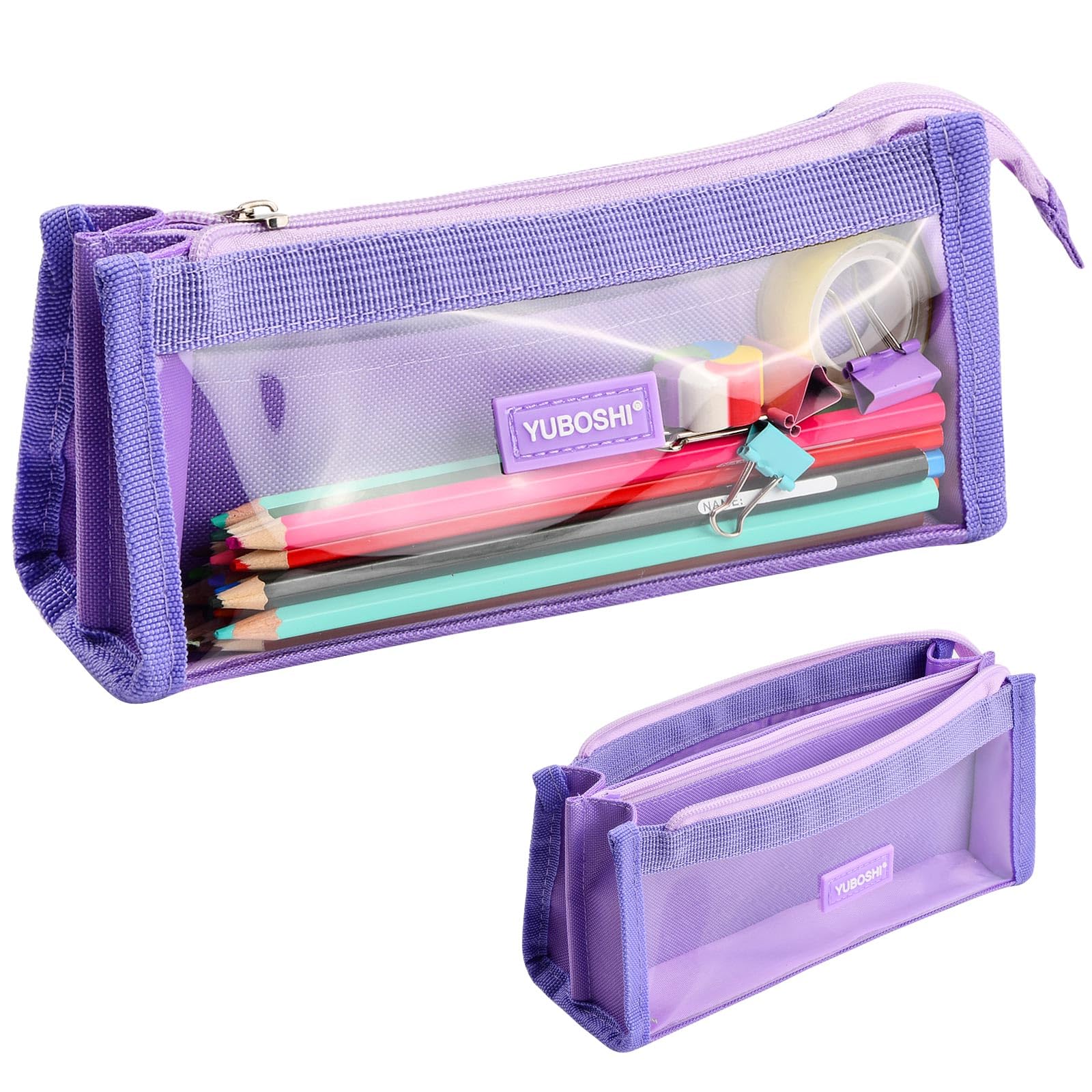 Laughhe Estuche Escolar con 6 Compartimentos Estuches de Lápices de Gran Capacidad Bolsa de Lápices Transparente Neceser Portátil Impermeable Organizador para Papelería (Morado)