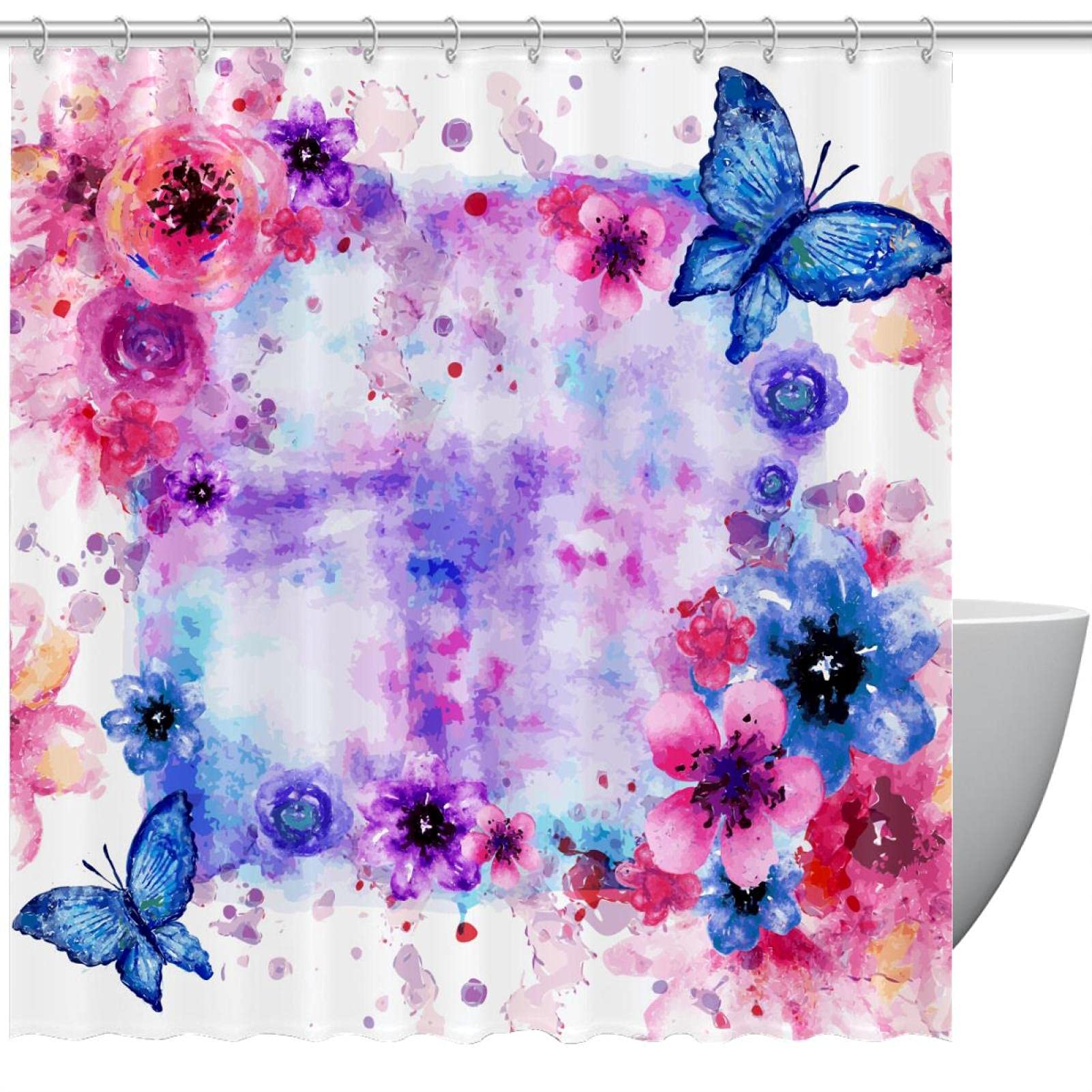 Rideau de douche imperméable haut de gamme motif papillon 168 x 183 cm avec anneaux
