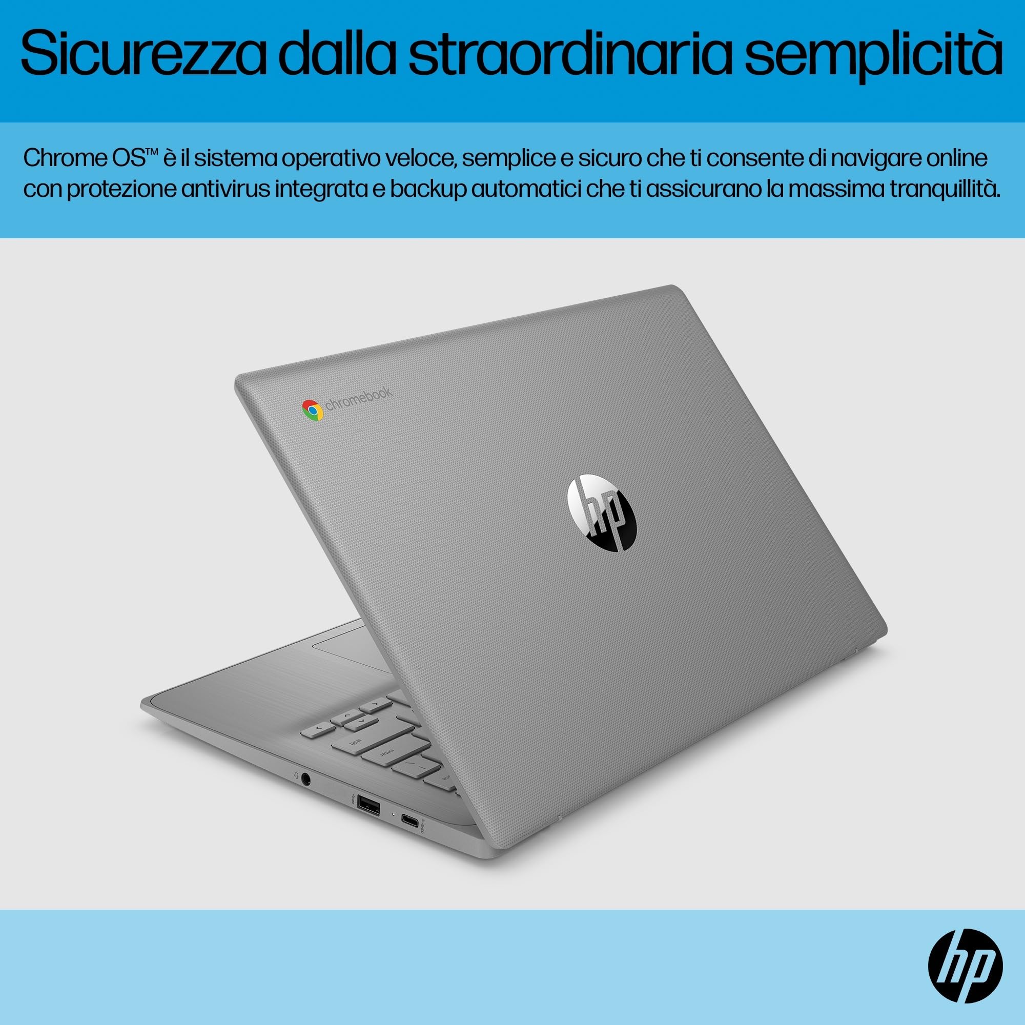 HP Chromebook 14a-ne1000sl Notebook, Intel Celeron N4500, 4GB RAM, 64GB eMMC, Display 14" HD Antiriflesso SVA, Intel UHD Graphics, ChromeOS, Grigio