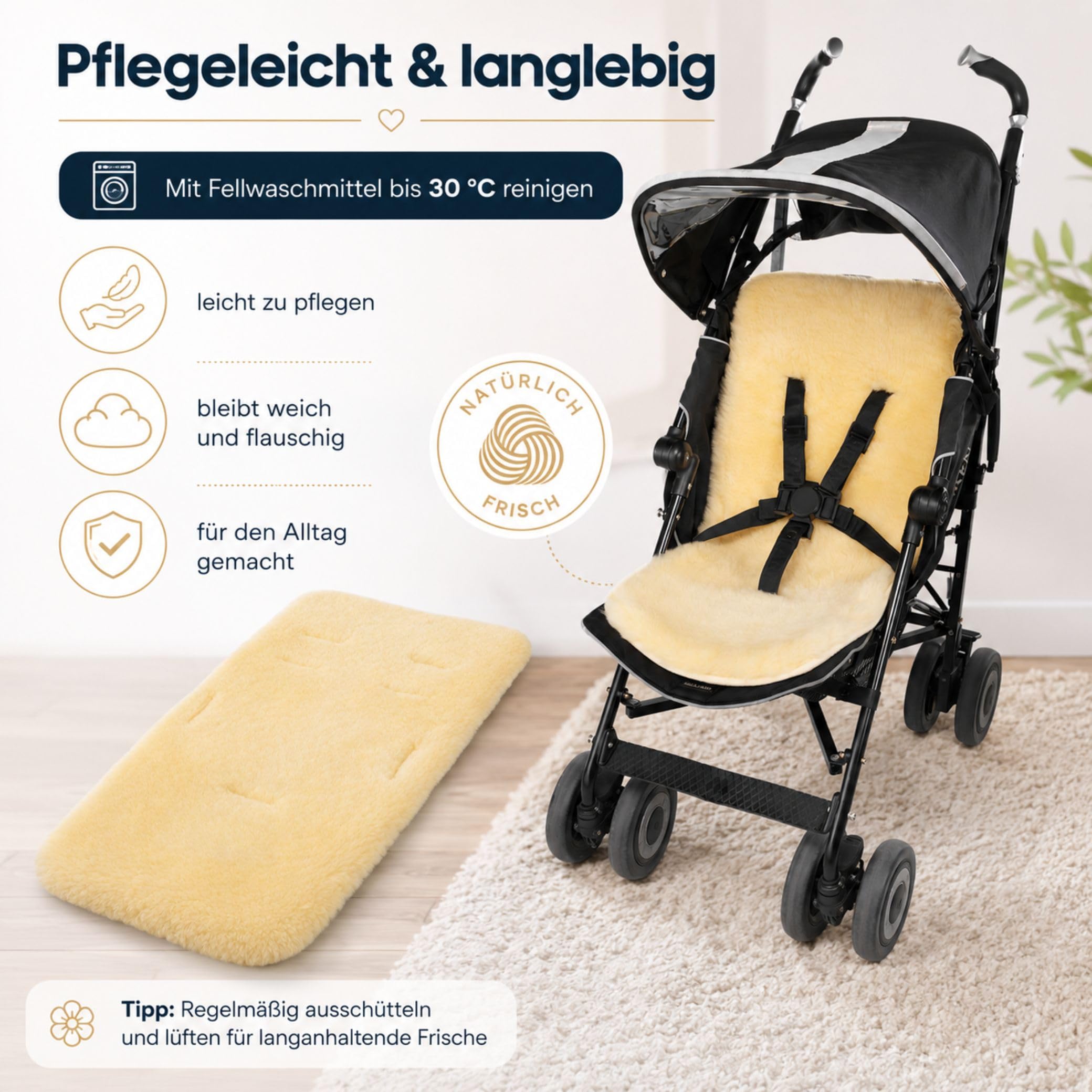 Hofbrucker Lammfell Kinderwagen Sitzauflage - Atmungsaktive Sitzauflage für Buggy Kinderwagen, Gurtschlitze, Waschbar bei 30°C, Sitzverkleinerer Inkl. Baumwoll-Windel