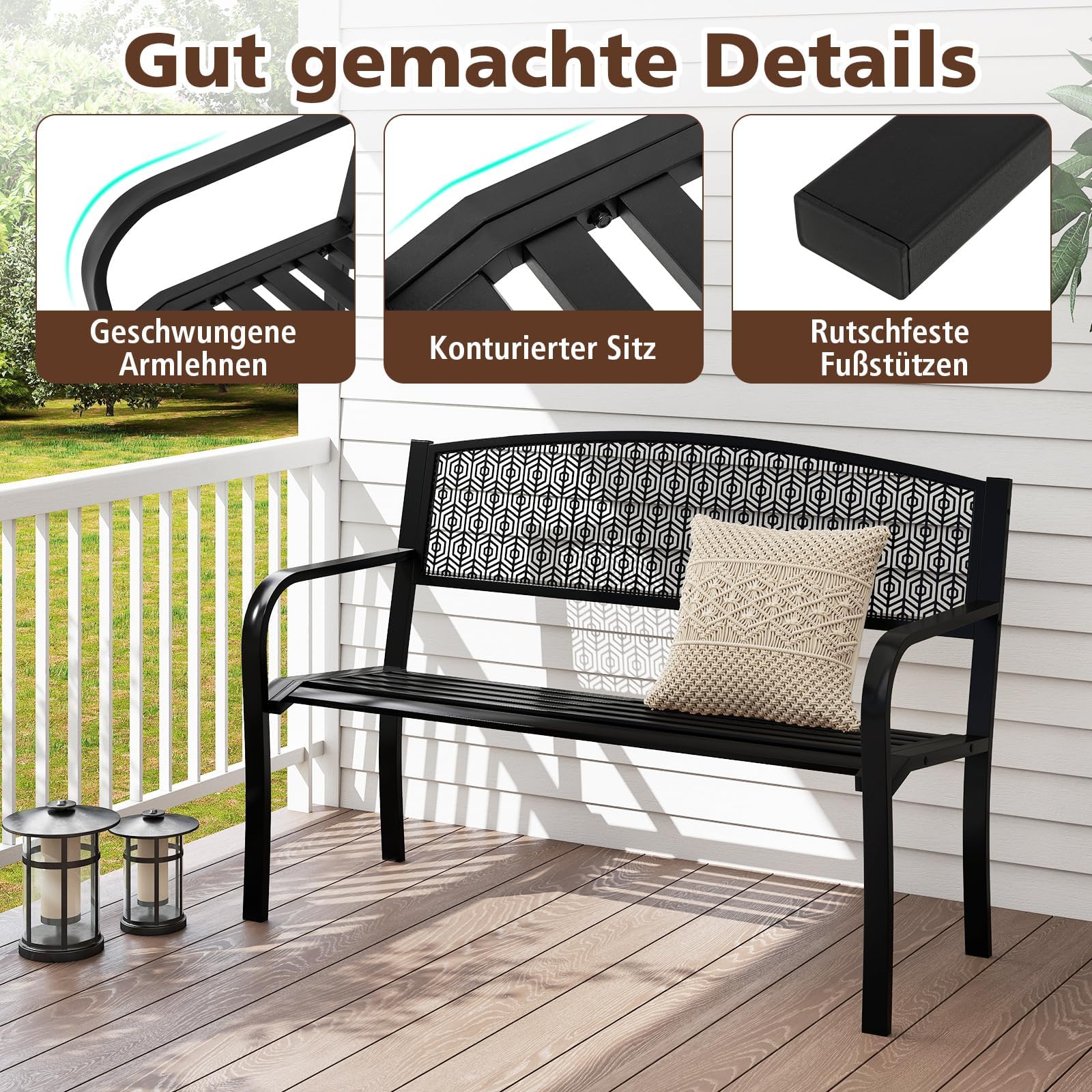 FANTASK Gartenbank für 2 Personen, Eisenbank für Garten, Terrasse, Balkon Metall mit Armlehne (Schwarz), 128 x 60 x 86 cm