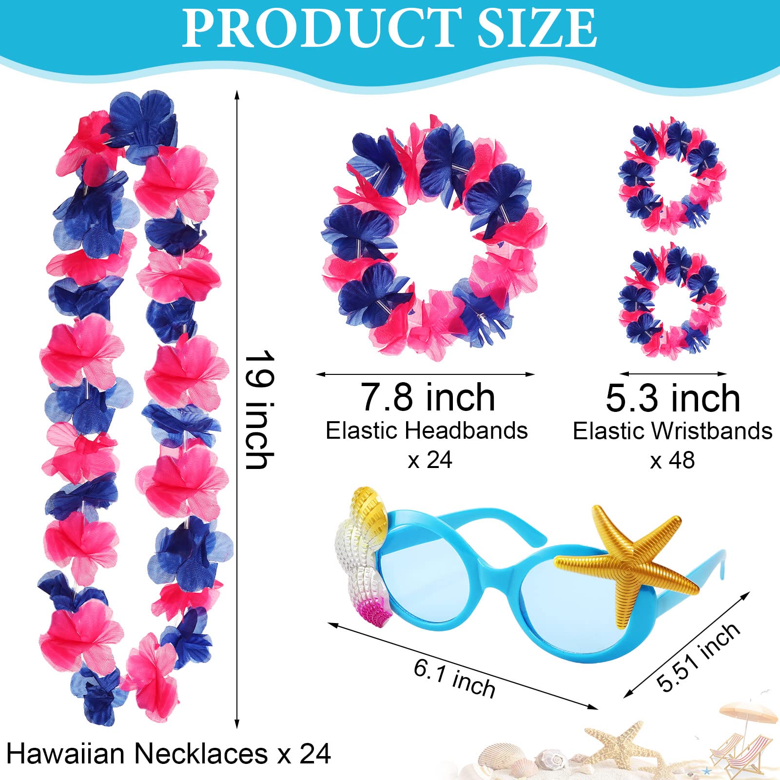 Atonofun 48 PCS Leis For Luau Party, Hawaiian Leis Bulk, Luau Party Glasses, Flowers Hair Clip Tropical Birthday Summer Beach Luau Party Favors Supplies