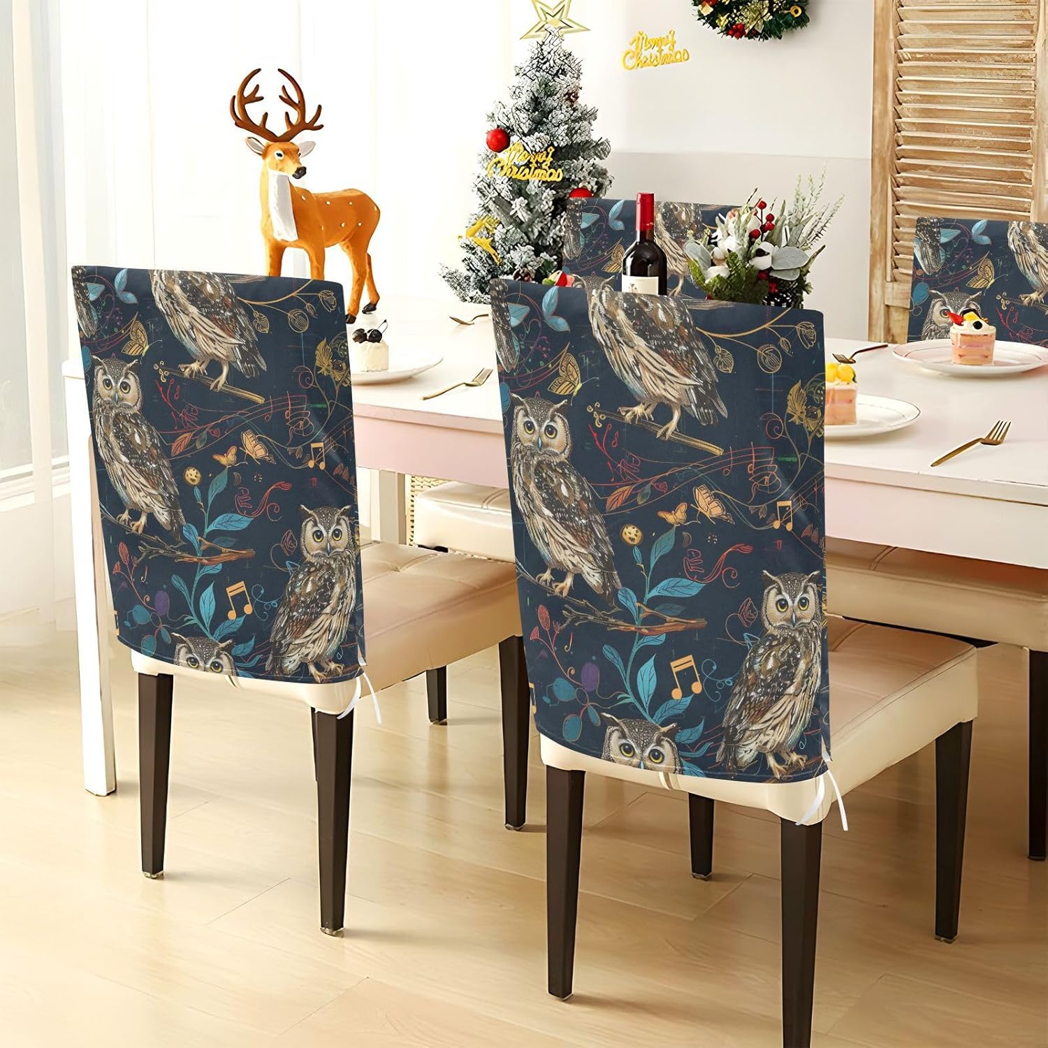 ALAZA Owl Leaves Music Notes Chair Back Cover Set of 6, Washable Reusable Removable Chair Slipcovers Decorative Chair Cover for Home Kitchen Wedding Party