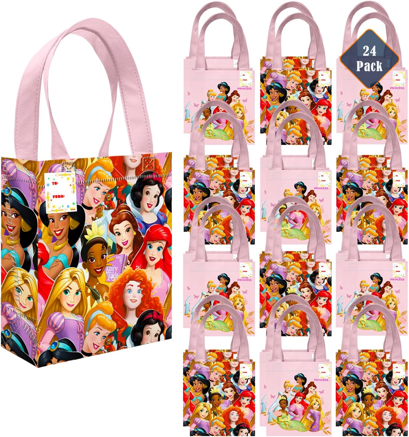 Disney Princess Party Favor Bag Set – 24 Pack of 8" Disney Princess Party Goodie Bags for Kids Bulk Reusable Totes | Princess Birthday Party Supplies