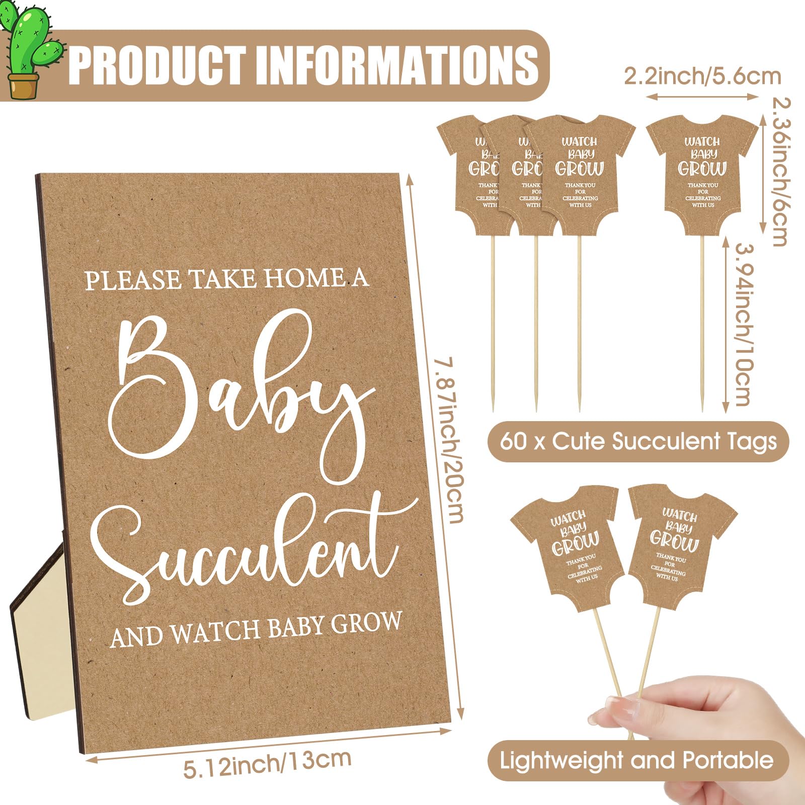 121 piezas de recuerdos de suculentas para baby shower, incluye 1 cartel, 60 etiquetas para suculentas, 60 envolturas de suculentas, regalos de suculentas de bebé, regalos para invitados, no
