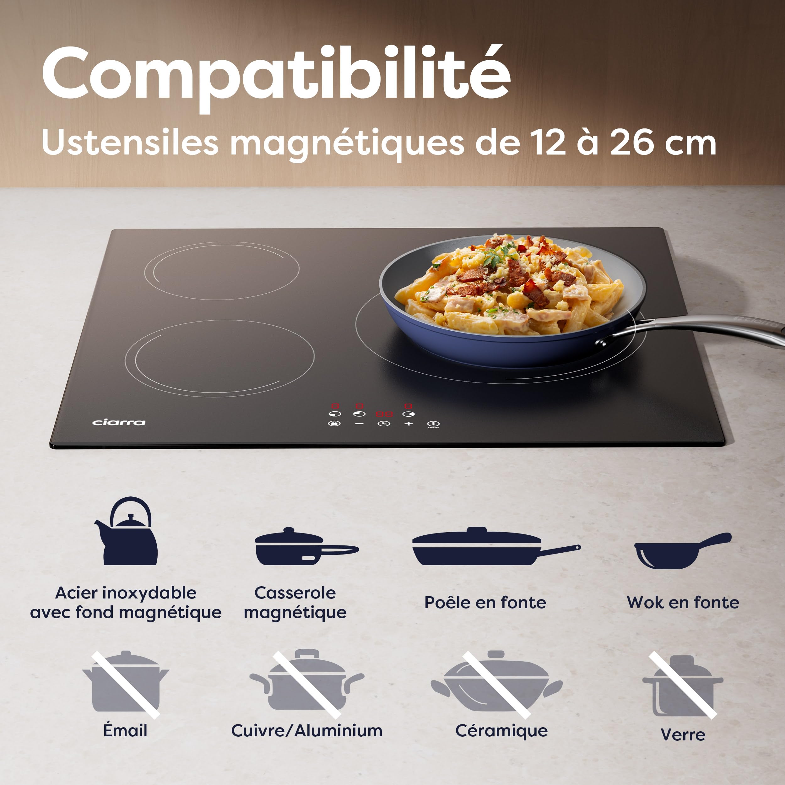 CIARRA Plaque de Cuisson à Induction - 3 Foyer 5600W - Table de Cuisson Encastrable - Commande Tactile - 9 Niveaux - CABBIH3-E