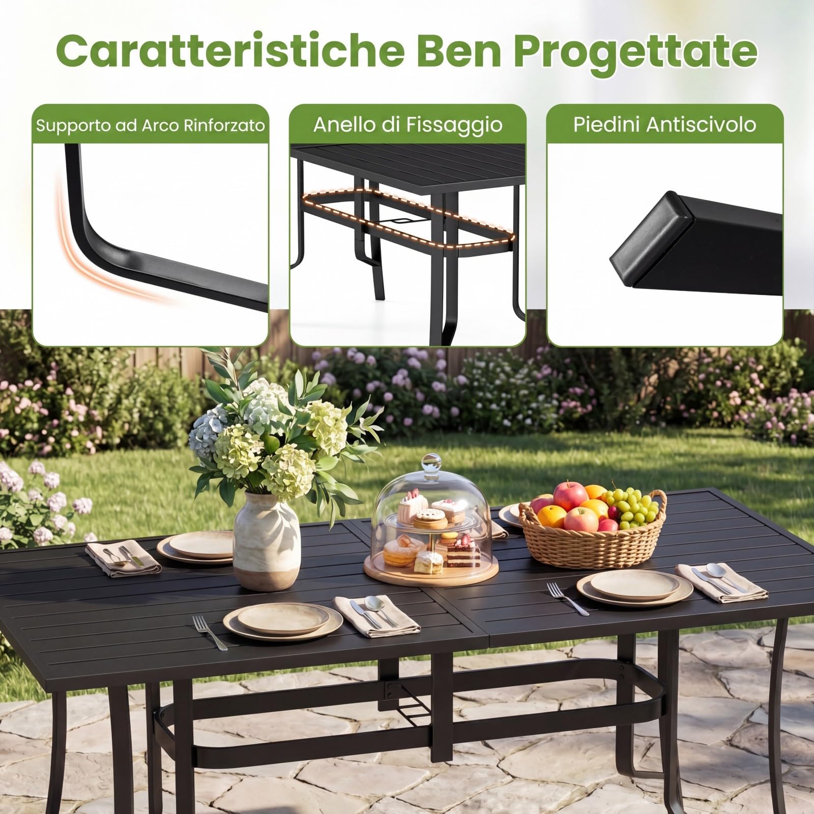 COSTWAY Tavolo da Giardino a 6 Posti in Metallo, con Foro di Ombrellone | Tavolo Pranzo Esterno Rettangolare per Balcone Terrazzo Campeggio, Portata 150 kg, 160 x 84 x 73 cm