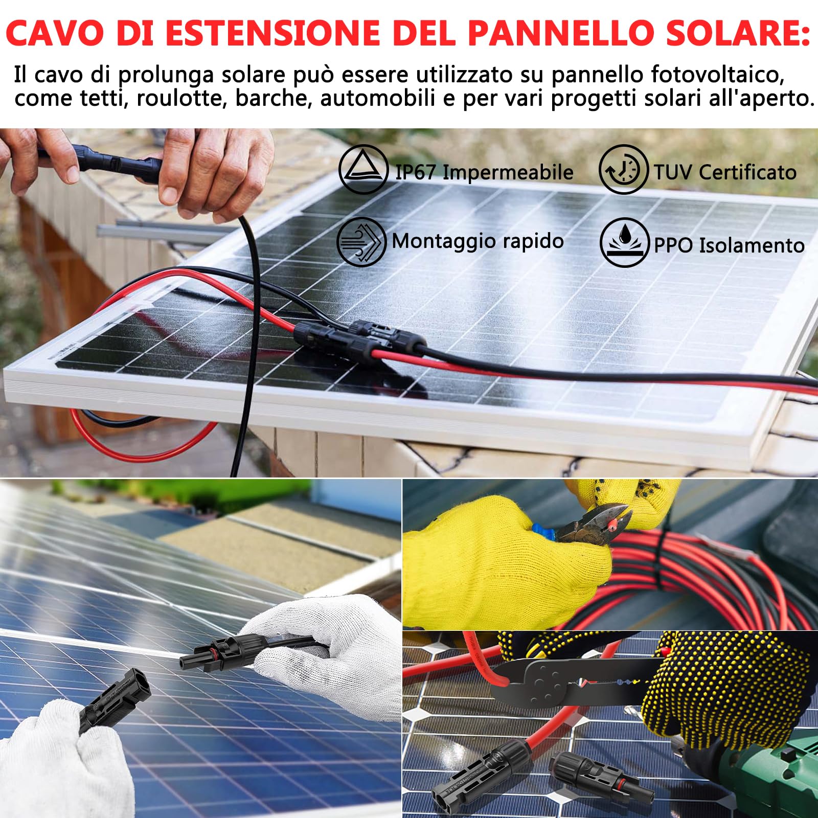Oududianzi Cavo Solare 4mm²/6mm², Solare Pannello Cavo 1/2/3/5/8/10/15/20/30m, H1Z2Z2-K Cavo Fotovoltaico, Cavo di Prolunga Solare per Pannello Solare, Inverter e Regolatore di Carica (4mm² 5m)