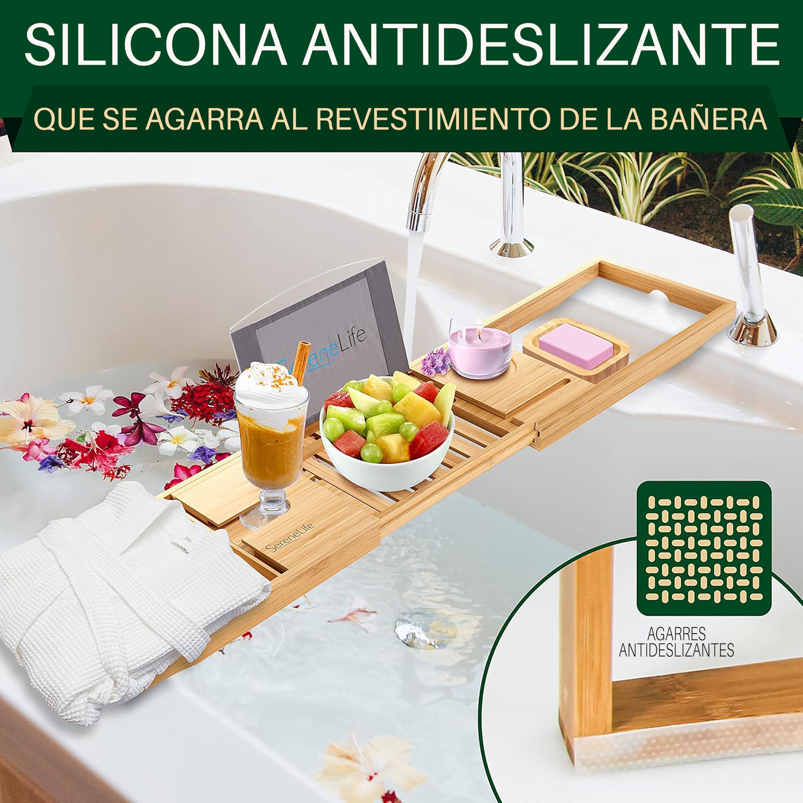 SereneLife Bandeja para bañera, Bambu, Extensible, Ajustable, Baño, Soporte para Copa de Vino, Libro, Movil, Tablet